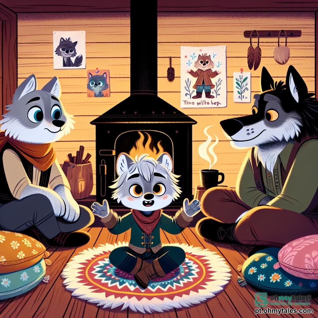 No centro da imagem, um pequeno lobo chamado Lucas, com pelagem cinza e olhos brilhantes de curiosidade, expressa determinação e esperança. Ele está sentado em um tapete colorido, cercado por almofadas macias, conversando com paixão com seus pais. À sua direita, Vovó Loba, uma loba de pelagem marrom claro e olhos suaves, ouve atentamente, sorrindo compreensivamente, segurando uma xícara de chá. À sua esquerda, Papai Lobo, um lobo de pelagem preta e traços sérios, observa seu filho com expressão reflexiva, pronto para ouvir e mudar. A cena ocorre em uma cabana acolhedora de madeira, com uma lareira crepitante, paredes decoradas com desenhos de crianças e luzes suaves que criam uma atmosfera reconfortante. A situação principal mostra Lucas, com uma postura aberta, compartilhando seus sentimentos com seus pais, que estão atentos e prontos para dialogar, simbolizando a importância da comunicação e da escuta em uma família.