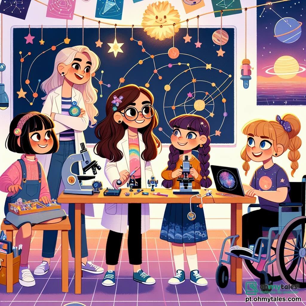 Em uma sala de aula colorida, quatro meninas estão juntas, cercadas por pôsteres de planetas e constelações. **Sofia** (menina, 10 anos) tem cabelos longos e castanhos e usa óculos redondos. Ela segura um pequeno telescópio e admira o céu estrelado projetado no teto. **Joana** (menina, 10 anos) tem cabelos curtos e cacheados, e veste um jaleco de cientista. Ela está inclinada sobre um pequeno robô, programando-o com um tablet. **Laura** (menina, 10 anos) tem cabelos loiros trançados e usa uma camiseta com desenhos de galáxias. Ela desenha estrelas em um grande quadro, sorrindo entusiasticamente. **Marta** (menina, 10 anos) usa uma cadeira de rodas e tem cabelos castanhos presos em um rabo de cavalo. Ela incentiva suas amigas com um grande sorriso, segurando um plano do projeto delas. A sala está decorada com guirlandas de papel em forma de estrelas e planetas, e um grande painel exibe o título "Feminismo e Ciência: Juntas pela Igualdade". As meninas apresentam seu projeto de mini-planetário aos colegas de classe, demonstrando sua criatividade e determinação em provar que a ciência é para todos, independentemente do gênero.