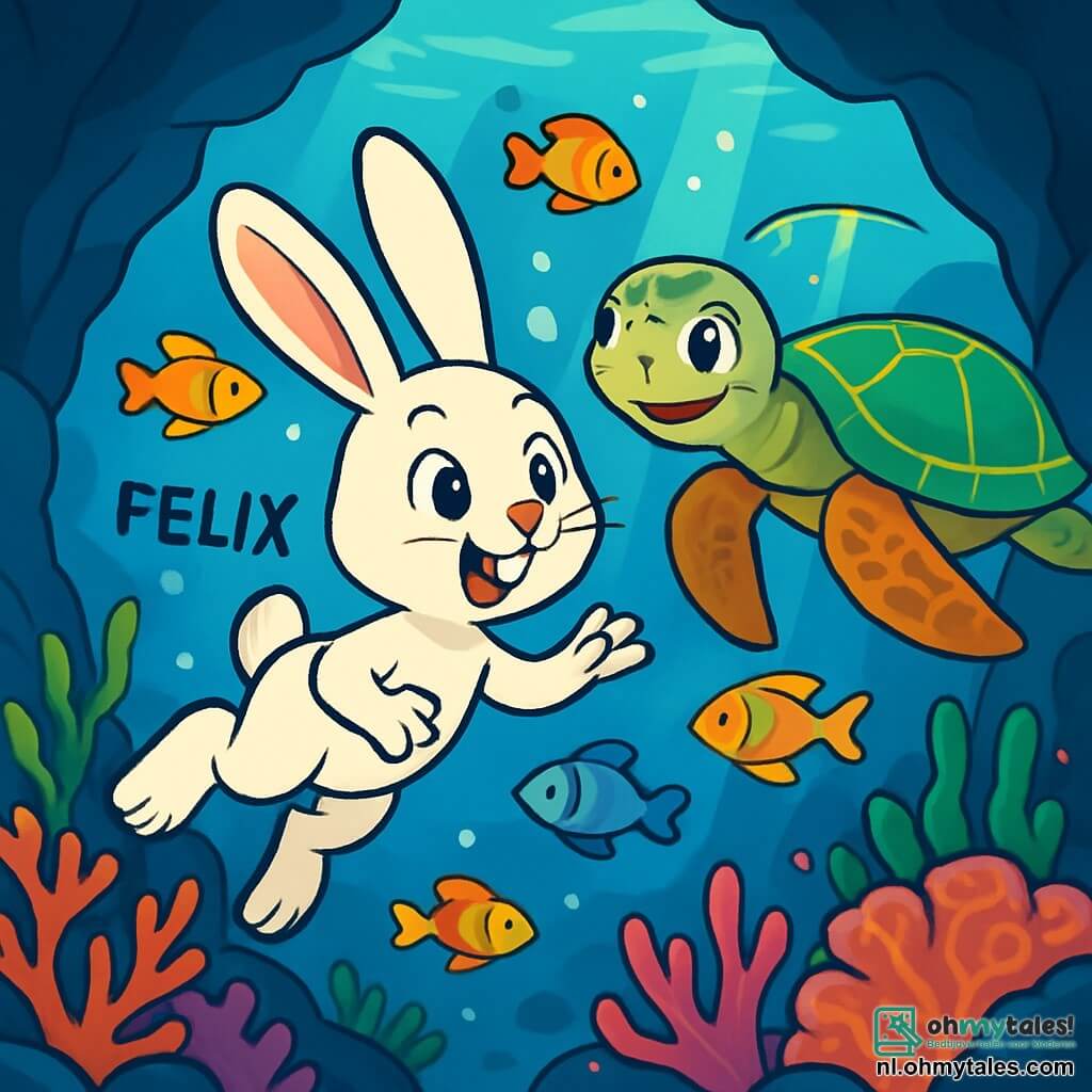 Een klein wit konijntje genaamd Felix, met grote oren en nieuwsgierige oogjes, zwemt vrolijk onder water, omringd door kleurrijke vissen die om hem heen dansen. Hij heeft een verwonderde glimlach op zijn gezicht, terwijl zijn voorpoten enthousiast bewegen. In de buurt observeert een majestueuze zeeschildpad genaamd Aqualis, met een schild versierd met glanzende patronen en wijze ogen, Felix vriendelijk. Ze lijkt kalm en aanmoedigend, terwijl ze langzaam naast hem drijft. De omgeving is een onderwatergrot, gevuld met stralende koralen en lichtstralen die door het water filteren, wat een betoverend schouwspel creëert. Algen wiegen zachtjes met de stromingen, wat de magie van de plek versterkt. De hoofdscène toont Felix die vastberaden door een smalle doorgang van de grot zwemt, terwijl hij behendig de kleurrijke koralen ontwijkt, terwijl Aqualis hem aanmoedigt met een glimlach.