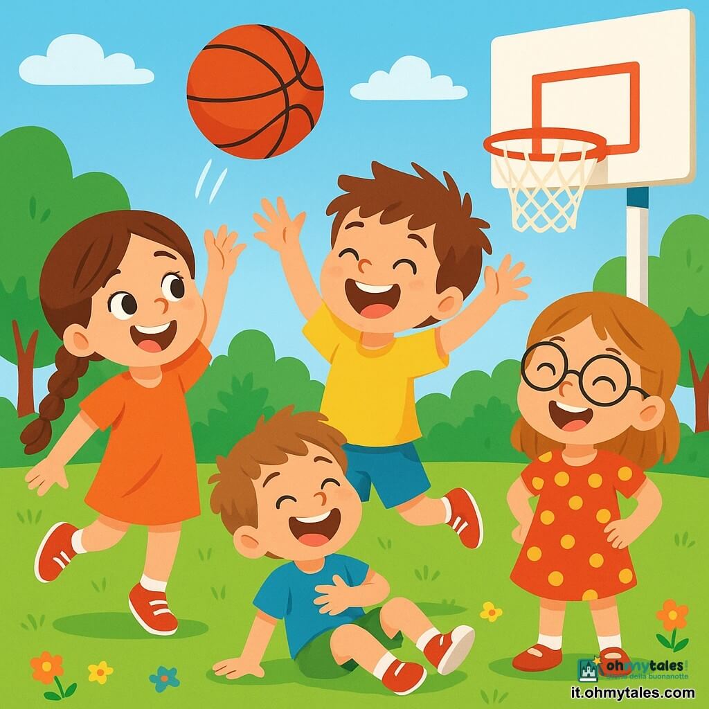 Una bambina di 6 anni, con lunghe trecce castane e un grande sorriso gioioso, sta lanciando una palla da basket rossa in aria, con gli occhi brillanti di eccitazione. Accanto a lei, un ragazzo di 6 anni di nome Leo, con i capelli arruffati e le scarpe rosse mal allacciate, ride alzando le braccia per prendere la palla. Un altro ragazzo, Tommaso, di 5 anni, con una maglietta blu e pantaloni corti verdi, è seduto sull'erba, ridendo di gusto dopo una caduta divertente. Infine, Sara, una ragazza di 6 anni con occhiali rotondi e un vestito a pois, si trova dietro di loro, cantando e ridendo, con le mani sui fianchi. Il luogo è un campo da basket all'aperto, circondato da alberi verdi e un cielo blu chiaro, con un canestro di legno dipinto di bianco. L'erba è di un verde brillante, punteggiata di piccoli fiori colorati. La scena principale mostra i bambini che giocano insieme, ridendo e divertendosi, mentre la palla da basket sembra volare in aria, simboleggiando la loro gioia e amicizia.