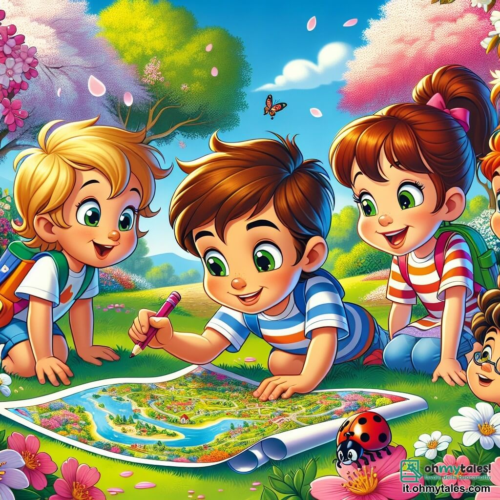 In un parco in piena fioritura, quattro bambini sono riuniti per una caccia al tesoro. Lorenzo, un ragazzo di cinque anni con capelli castani e occhi scintillanti, tiene in mano una mappa colorata, sorridendo con entusiasmo. Alla sua destra, Sara, una ragazza dai capelli biondi con due trecce, osserva attentamente la mappa, i suoi occhi brillano di eccitazione. A sinistra, Giacomo, un ragazzo con capelli castani e una maglietta a righe, sta disegnando una nuova mappa sul suo quaderno, concentrato e felice. Infine, Chiara, una ragazza dai capelli rossi e un vestito a fiori, si inginocchia per ammirare una coccinella sull'erba, meravigliata dalla bellezza della natura. Il parco è un vero quadro primaverile, con alberi in fiore dai petali rosa e bianchi, ciuffi di fiori multicolori che danzano al vento e un cielo blu brillante punteggiato da alcune nuvole soffici. I raggi del sole filtrano attraverso le foglie, creando ombre danzanti sul terreno. I bambini, armati della loro mappa, partono alla ricerca di tesori nascosti nel parco, ridendo e incoraggiandosi a vicenda, pronti a scoprire le meraviglie della natura che li circonda.