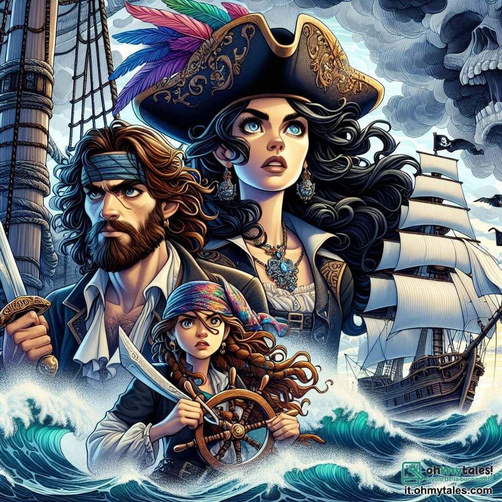 La scena mostra la capitana Isabella "Il Falco" Montoya, una donna di circa trent'anni con capelli neri e ondulati che fluttuano nel vento, indossando un cappello da pirata decorato con piume colorate. Il suo volto esprime una determinazione ardente mentre tiene saldamente il timone della sua nave, l'Aquila Tempestosa, che naviga attraverso un mare agitato. Accanto a lei, Miguel, un uomo di circa 25 anni con una barba bruna e occhi pieni di saggezza, scruta l'orizzonte con uno sguardo concentrato, tenendo una mappa nautica. Più indietro, Lina, una giovane di 18 anni con capelli biondi intrecciati e una spada scintillante, si prepara a dare ordini all'equipaggio, il suo volto che brilla di eccitazione. Il paesaggio è caratterizzato da un mare tumultuoso con onde alte e nuvole scure minacciose nel cielo, mentre l'Aquila Tempestosa, una nave pirata con la prua decorata da teschi, fende le onde con coraggio. La scena principale mostra Isabella, Miguel e Lina in piena battaglia contro una tempesta, determinati a superare le sfide verso l'isola di Smeralda, dove li attende un tesoro inestimabile.
