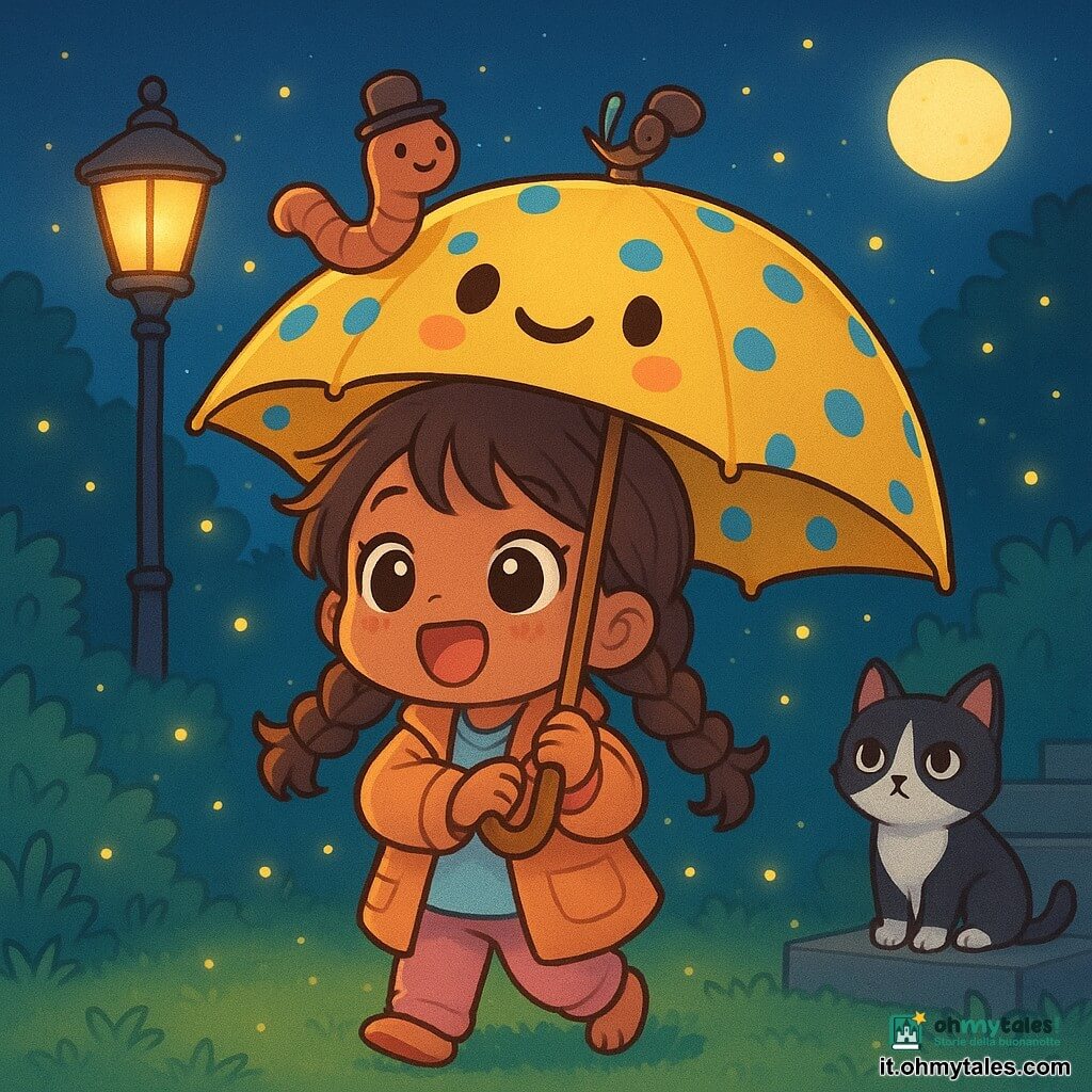 Una bambina di 8 anni, eccitata e meravigliata con due trecce spettinate e il pigiama sotto un piccolo cappotto, tiene sopra la testa un grande ombrello giallo a pois blu aperto; l'ombrello parlante è una creatura rotonda con tela gialla a pois, occhi disegnati e una piccola bocca sorridente che la sovrasta come un compagno; un lombrico poeta marrone, con un minuscolo cappello e una piuma d'erba come penna, è arrotolato sul bordo dell'ombrello mentre declama con aria maliziosa; il gatto Oreste, bianco e nero, siede su un gradino sullo sfondo, indifferente ma curioso; la scena si svolge di notte in un piccolo giardino sul retro con prato, cespugli, un lampione rétro che diffonde luce soffusa, la luna piena e centinaia di lucciole gialle che svolazzano; atmosfera divertente e magica, colori vivaci, contrasti morbidi ed espressioni esagerate e carine.