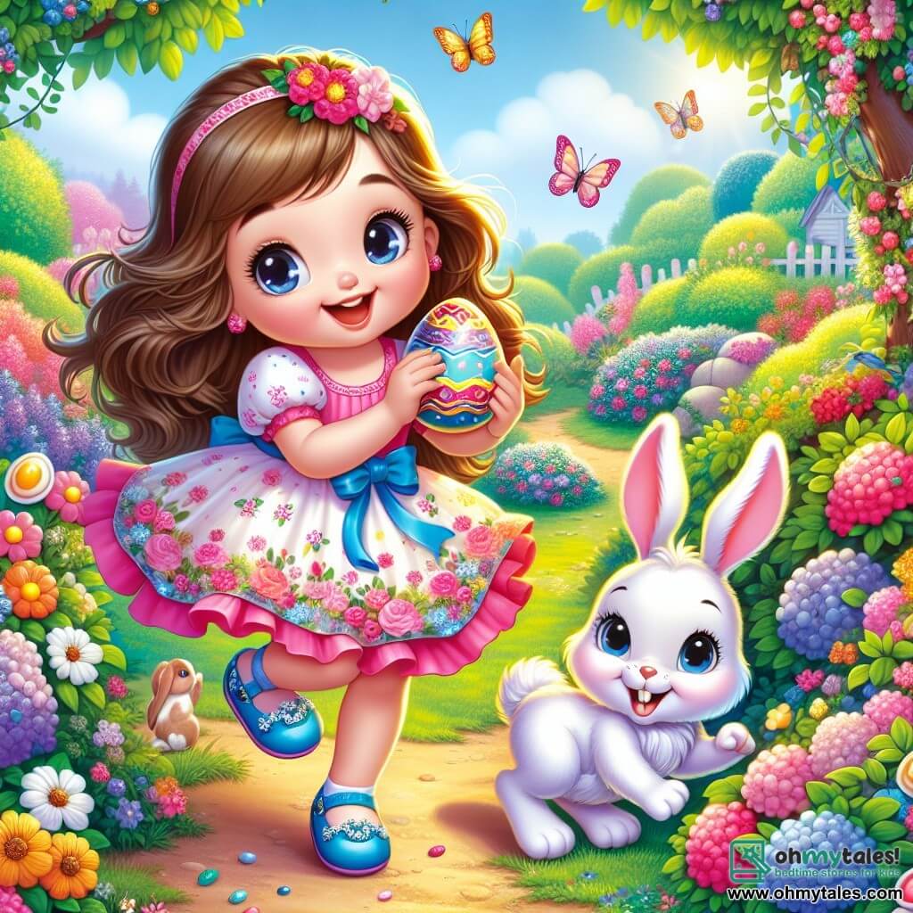 A 4-year-old girl named Lily, with long brown hair and sparkling joyful eyes, is searching for Easter eggs in a colorful garden. She wears a pretty pink dress with floral patterns and blue shoes. Her face shows great excitement and a radiant smile. Next to her, an adorable little rabbit with long shiny ears, white fur, and mischievous eyes encourages her to find eggs. It stands on its hind legs, holding a golden egg in its tiny front paws. The garden is an enchanting place, filled with vibrant flowers of all colors, lush bushes, and a clear blue sky. Colorful butterflies flutter around, adding to the magic of the spot. Lily and the rabbit are in action, with Lily bending down to pick up a shiny blue egg hidden behind a bush, while the rabbit smiles and points to another sparkling egg hanging from a branch.