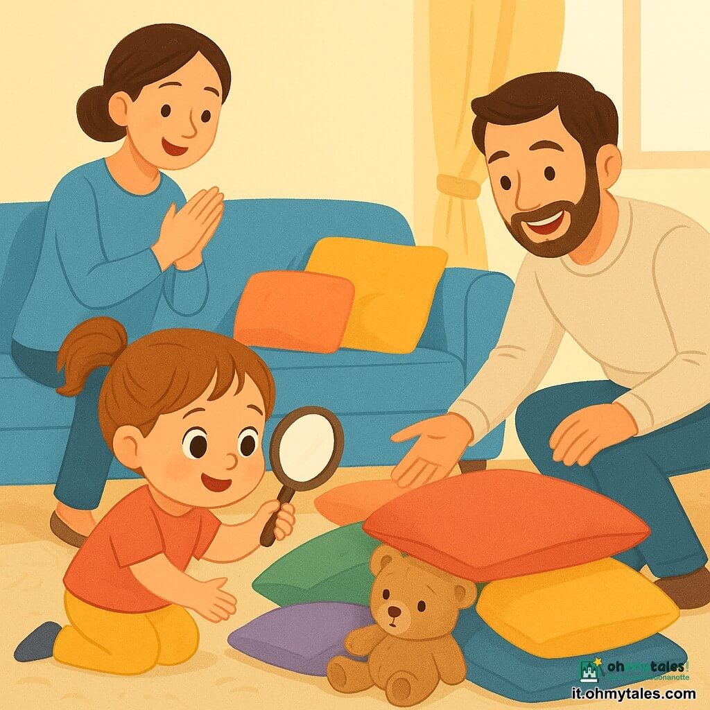 Bambina di 2 anni, allegra e concentrata, capelli castano chiaro raccolti in codina, guance rotonde e occhi grandi, inginocchiata vicino a un mucchio di cuscini con una lente di carta mentre cerca un orsacchiotto. Un orsacchiotto marrone chiaro, un po' sgualcito, emerge parzialmente da una fortezza di cuscini morbidi. Una donna (mamma, circa 30 anni), sorridente, capelli castani raccolti, sta dietro il divano applaudendo dolcemente. Un uomo (papà, circa 32 anni), con leggera barba, è accovacciato accanto al divano, ride e tende la mano per aiutare. Soggiorno luminoso, tappeto beige semplice, divano blu, tavolino in legno con qualche briciola e cuscini colorati impilati. Scena: piccola investigatrice che scopre l'orsacchiotto nascosto sotto i cuscini; atmosfera calda, colori vivaci, linee morbide e texture soffici.