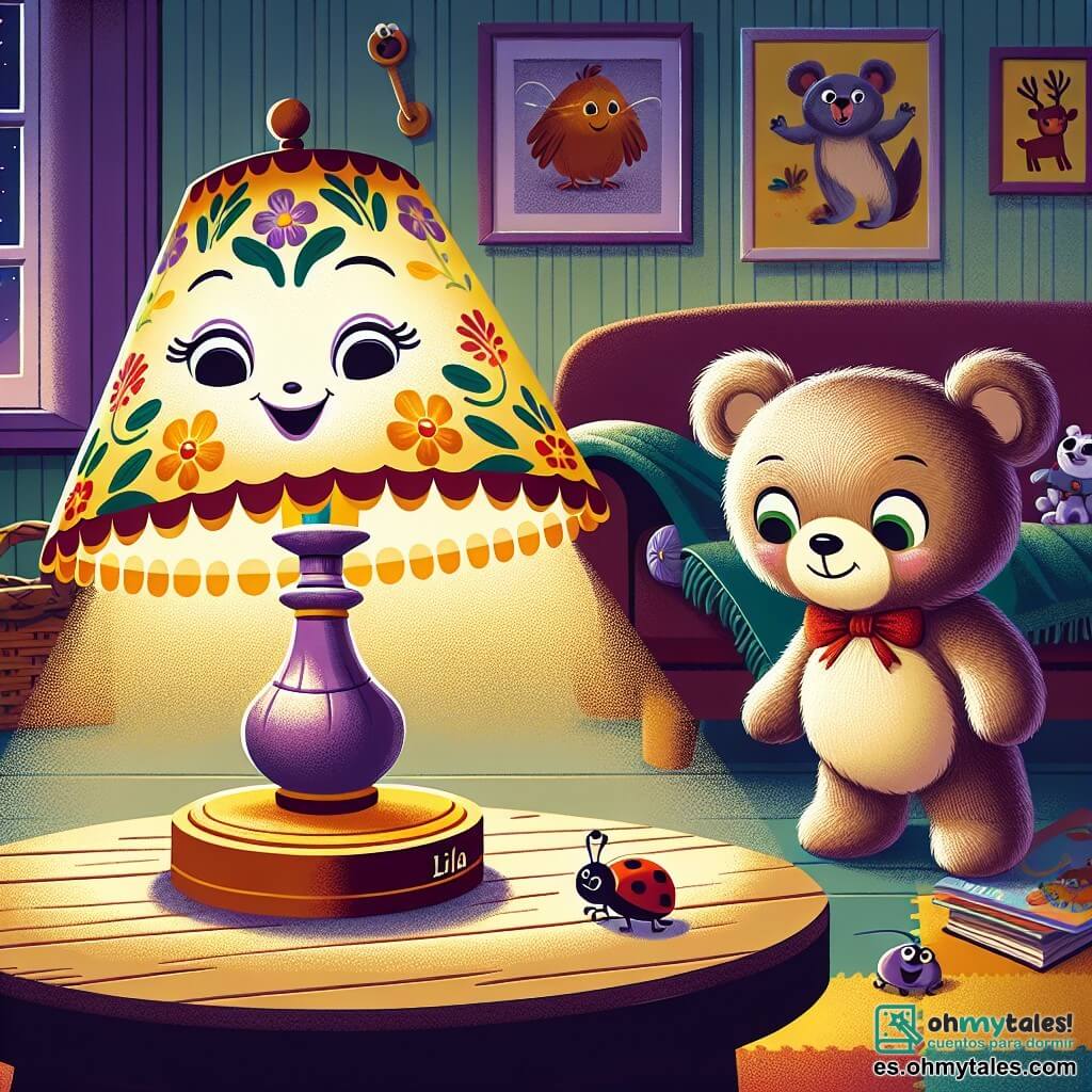 Lila, una lámpara de mesa sonriente con una pantalla de colores, brilla de emoción, sus rayos iluminando la habitación. Está sobre una mesa de madera, rodeada de juguetes. Teddy, un osito de peluche suave y marrón, con un pequeño lazo rojo alrededor del cuello, mira a Lila con curiosidad, sus ojos brillando de determinación. Ambos están en una habitación cálida, decorada con pósters de animales y libros de cuentos, con una alfombra suave en el suelo. La escena muestra a Lila y Teddy en plena investigación, examinando un pequeño insecto escondido bajo un cojín, con sus rostros expresando entusiasmo y aventura.