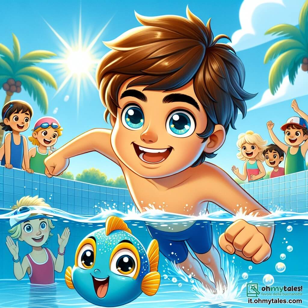 Un ragazzo di 8 anni, Marco, con i capelli castani in disordine e gli occhi scintillanti di gioia, sta nuotando in una piscina soleggiata. Indossa un costume da bagno blu vivo e una piccola cuffia, mostrando un grande sorriso di eccitazione e determinazione. Accanto a lui, un piccolo pesciolino blu di nome Blu, con pinne dorate scintillanti, nuota felicemente nell'acqua, incoraggiando Marco con un'espressione amichevole e giocosa. Sullo sfondo, diversi bambini della sua età, tra cui una ragazza bionda con una cuffia rosa, applaudono e sorridono, mentre un adulto, probabilmente un allenatore, osserva con orgoglio. La scena si svolge in una piscina all'aperto circondata da palme, sotto un cielo blu chiaro, con raggi di sole che danzano sulla superficie dell'acqua, creando un'atmosfera gioiosa e dinamica. Marco, in corsa per toccare il muro della piscina, mostra la sua determinazione a riuscire, mentre Blu lo incoraggia con entusiasmo, simboleggiando amicizia e sostegno.