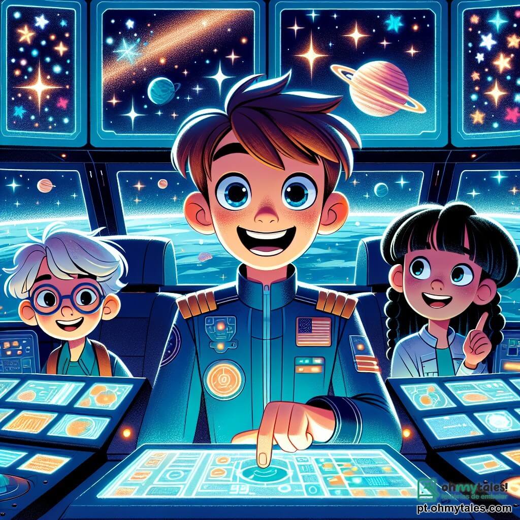 Um homem, Leo, é um piloto espacial corajoso, com cabelos castanhos bagunçados e um uniforme azul brilhante. Ele sorri com orgulho e empolgação, segurando um painel futurista na nave Solaris-7. Ao seu lado, um garoto de 10 anos, Tim, com óculos redondos e cabelos loiros, observa maravilhado as telas que mostram estrelas cintilantes. Uma menina de 9 anos, Mia, com tranças negras e um sorriso radiante, aponta para uma janela onde se veem asteroides coloridos flutuando no espaço. A cena acontece dentro da nave espacial, com luzes brilhantes e painéis de controle cheios de botões luminosos. Do lado de fora, a imensidão do espaço está salpicada de estrelas brilhantes e planetas distantes. A situação principal mostra Leo explicando às crianças como pilotar a nave, enquanto elas se iluminam de empolgação com a ideia da viagem interestelar.