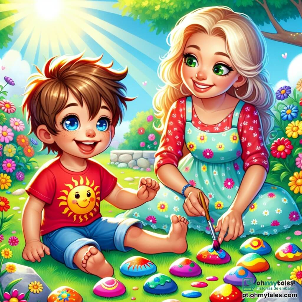 Um menino de 4 anos, Lucas, com cabelos castanhos bagunçados e olhos brilhantes de alegria, está sentado na grama verde, cercado por pedras coloridas que ele acabou de pintar. Ele usa uma camiseta vermelha com estampas de sol e um short azul, e seu sorriso radiante mostra sua empolgação. Ao lado dele, sua mãe, uma mulher de cerca de 30 anos com cabelos longos e loiros, está organizando as pedras pintadas formando um caminho. Ela veste um vestido leve com flores e sorri orgulhosamente ao olhar para seu filho. O jardim é iluminado e ensolarado, com flores multicoloridas dançando ao vento e uma grande árvore sombreada ao fundo. A cena principal mostra Lucas e sua mãe criando juntos um jardim mágico de pedras coloridas, preenchendo o ar com risos e criatividade.