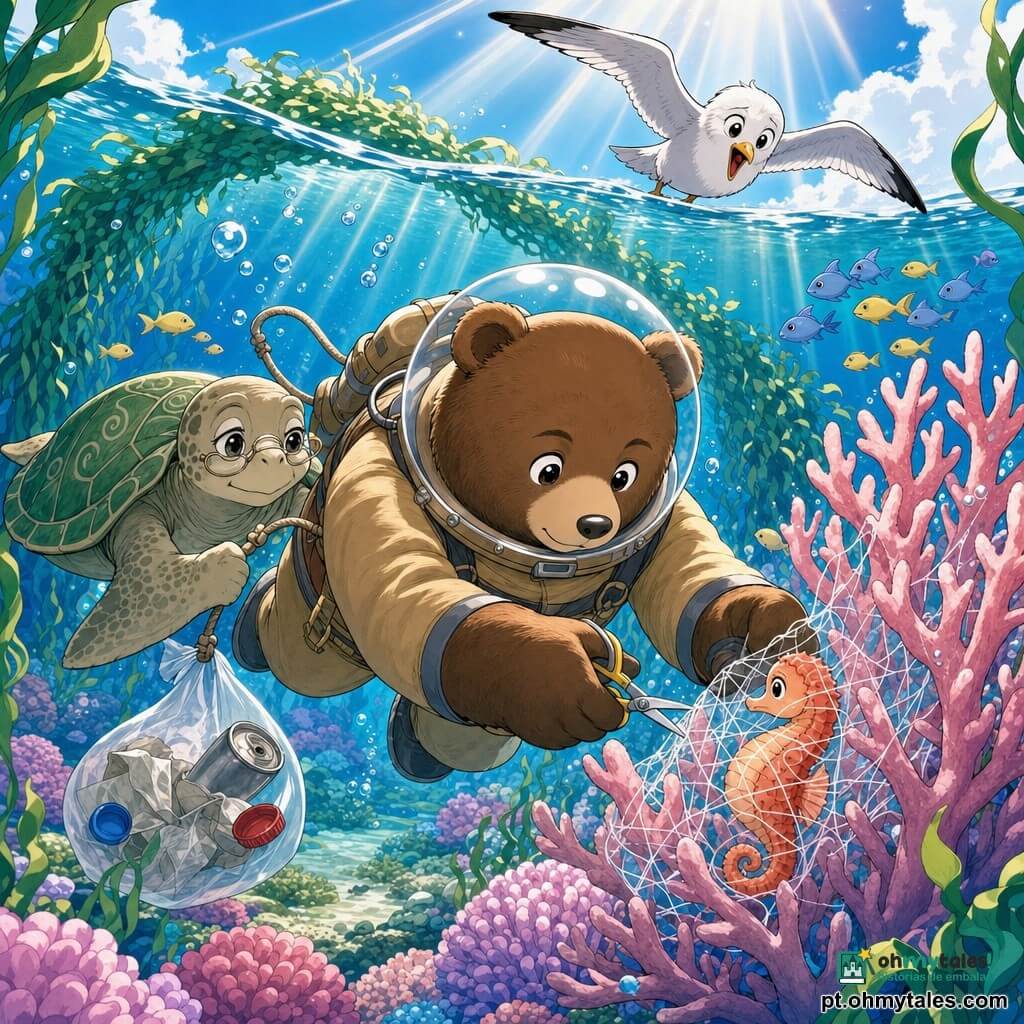 Bento, um grande urso-pardo gentil em roupa de mergulho e máscara bolha, com expressão determinada e segurando tesoura e lanterna, corta delicadamente um pedaço de plástico que prende um pequeno cavalo-marinho coral-alaranjado; Nina, uma tartaruga-marinha idosa de casco verde, nada logo atrás segurando a corda de segurança; Lila, uma gaivota branca e cinza, voa na superfície observando e incentivando; o cenário é um jardim subaquático luminoso com corais rosas e violetas, algas ondulantes, cardumes de peixes amarelos e azuis e raios de luz; o cavalo-marinho parece assustado mas aliviado e alguns detritos (uma lata, um pedaço de plástico e dois tampas) estão recolhidos num saco flutuante ao lado de Bento.