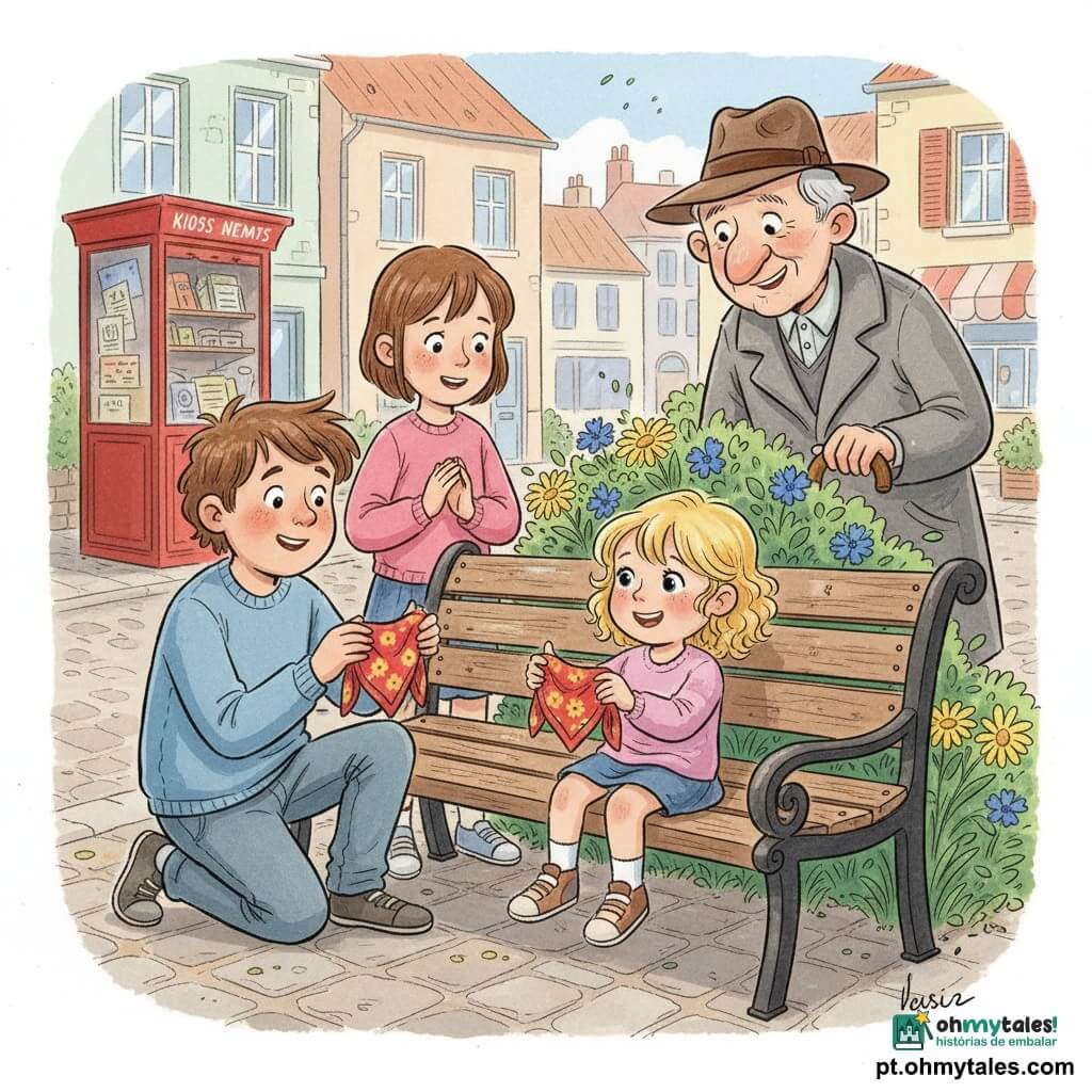 Um menino de cerca de 11 anos, rosto redondo e cabelo castanho despenteado, ajoelhado junto a um banco de madeira, segura delicadamente um pequeno lenço vermelho com flores amarelas; ao lado, Ana, menina de cerca de 10 anos, cabelos castanhos curtos, observa atenta e encorajadora; sentada no banco, outra menina loira de cerca de 9 anos, cabelos loiros cacheados, sorri ao recuperar o lenço; atrás de um arbusto, um senhor de cerca de 70 anos, rosto enrugado, chapéu castanho e casaco cinza, segura uma bengala e agradece; cenário: praça de vila ensolarada com banco gasto, canteiros floridos (centáureas, margaridas amarelas), calçada de paralelepípedos e um quiosque de jornais vermelho, casas de fachadas em tons pastéis; situação: crianças acabam de encontrar e devolver o lenço perdido, atmosfera calorosa e solidária, gestos de gratidão, composição centrada no banco, cores vivas e traço de tinta claro.