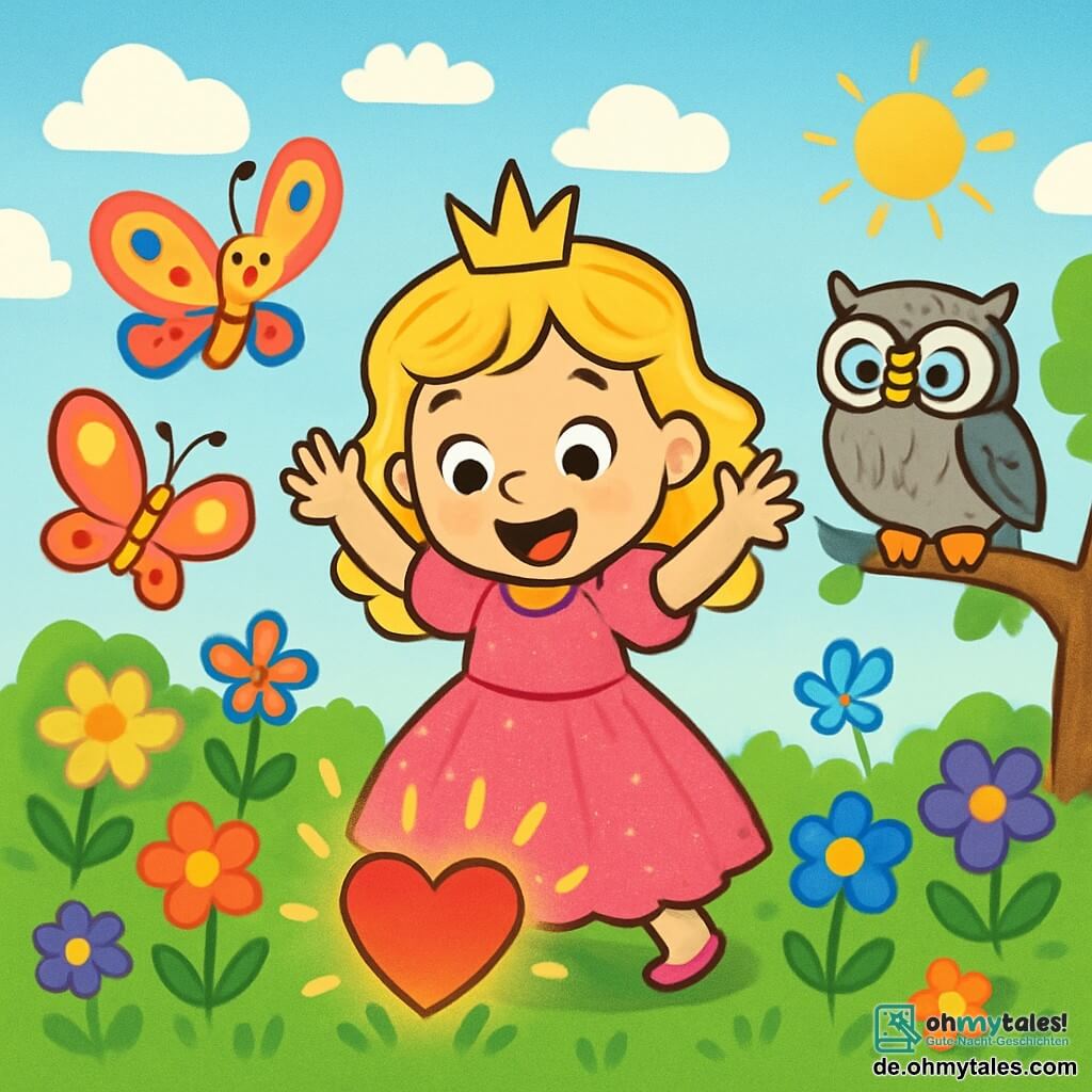 Eine kleine Prinzessin namens Lilli, 6 Jahre alt, mit lockigem, blondem Haar, trägt ein glitzerndes rotes Kleid. Sie hat ein großes, erstauntes Lächeln auf ihrem Gesicht und ihre Augen strahlen vor Aufregung. Sie steht auf einem großen Feld mit bunten Blumen und hebt die Arme in die Luft, bereit zu tanzen. Neben ihr fliegt ein schöner Schmetterling mit bunten Flügeln fröhlich und ermutigt sie mit einem freundlichen Blick. Etwas weiter entfernt sitzt eine weise alte Eule mit grauem Gefieder und runden Brillen auf einem Ast und beobachtet die Szene mit einem wohlwollenden Ausdruck. Der Ort ist ein wunderschöner verzauberter Garten, gefüllt mit leuchtenden Blumen, schwirrenden Schmetterlingen und einem klaren blauen Himmel, der mit flauschigen weißen Wolken gesprenkelt ist. Im Hintergrund strahlt ein Regenbogen-Schloss in der Sonne. Die Hauptsituation zeigt Lilli, die Prinzessin, die ein magisches rotes Herz entdeckt, das im Gras leuchtet, mit einem Ausdruck von Freude und Überraschung auf ihrem Gesicht, bereit, das Herz zu berühren, um ihre normale Größe wiederzuerlangen.