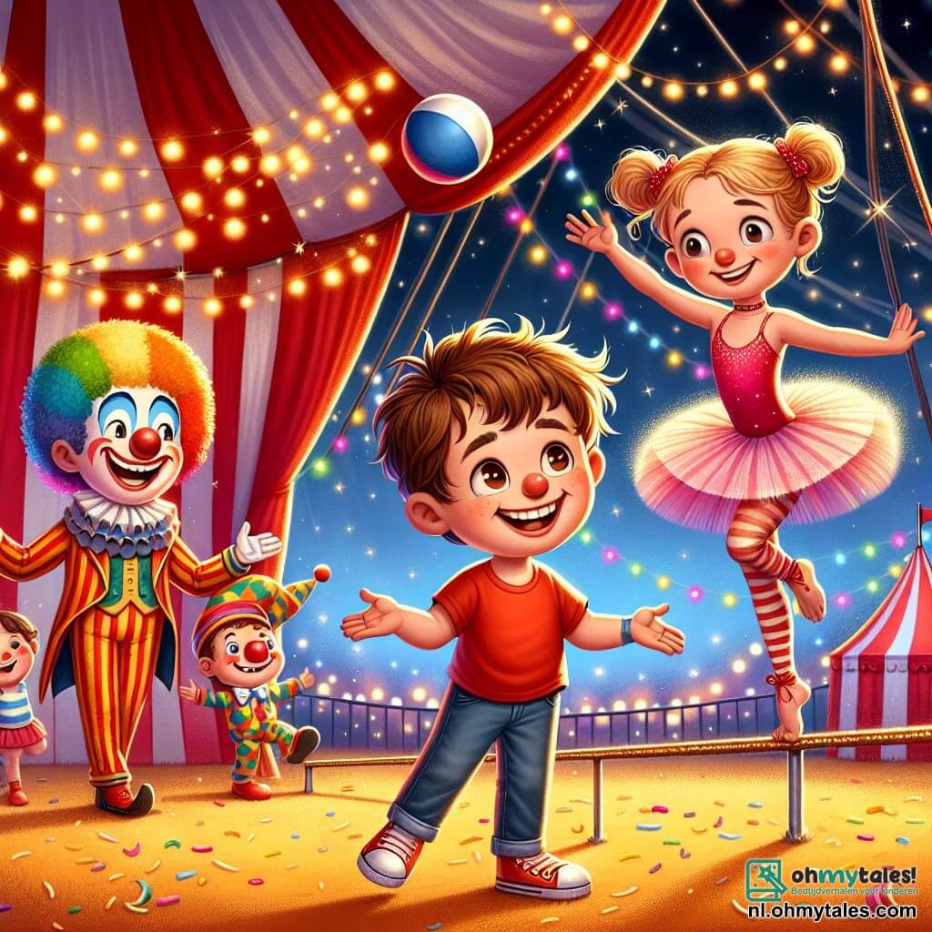 In een kleurrijke circus staat een 7-jarig jongetje genaamd Sam, met rommelig bruin haar en een rode t-shirt, in het midden, glimlachend en een bal vasthoudend. Rechts van hem lacht een vrolijke clown met een rode neus en kleurrijk haar terwijl hij een bal de lucht in gooit. Links loopt een gracieuze acrobate, een 10-jarig meisje in een roze tutu met gevlochten blond haar, op een gespannen koord, met de armen in de lucht om het evenwicht te bewaren. De grond is bedekt met stro en kleurrijke confetti, terwijl op de achtergrond de grote gestreepte tent in rood en wit majestueus oprijst, verlicht door fonkelende lichtslingers. De scène toont Sam die plezier heeft met het gooien van ballen naar de clown, terwijl de acrobate een pirouette op het koord maakt, wat een vrolijke en feestelijke sfeer in het hart van het circus creëert.