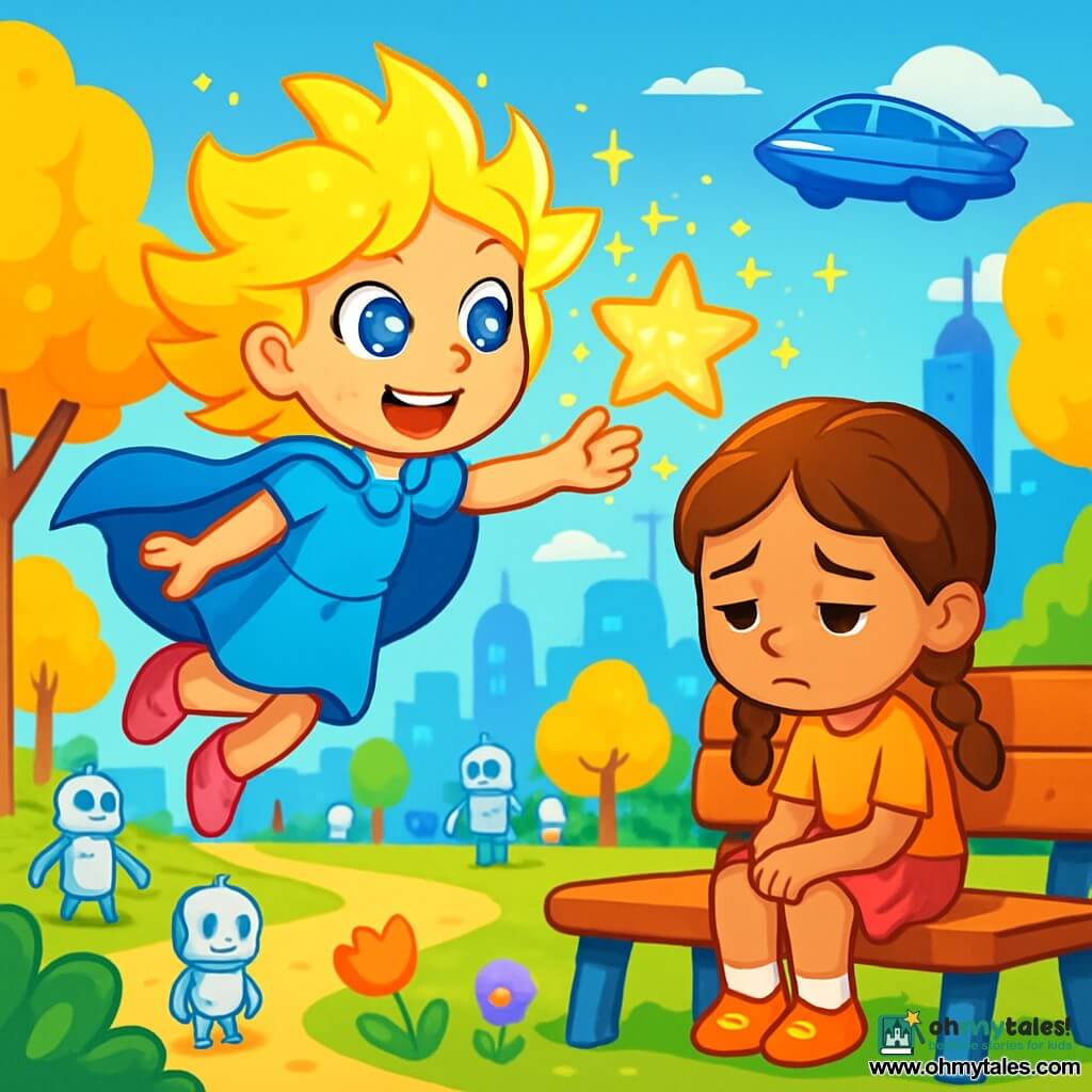 Starlina, a girl with sun-like shining hair and galaxy-sparkling eyes, flies in the sky with a joyful smile. She wears a floating blue cape and makes stars shine around her, illuminating the air with a thousand sparkling glimmers. Beside her, Luna, her 8-year-old best friend, has braided brown hair and a sad face. She sits on a wooden bench, shoulders slumped, looking at the ground, while Starlina approaches her to bring back her smile. The setting is a sunny park in Sky City, with trees having golden leaves, colorful flowers, and shimmering buildings in the background. Friendly robots move around, and flying cars pass in the blue sky. The main situation shows Starlina, full of energy and determination, approaching Luna to encourage her, while a bright star appears in her hand, ready to brighten her friend's day.