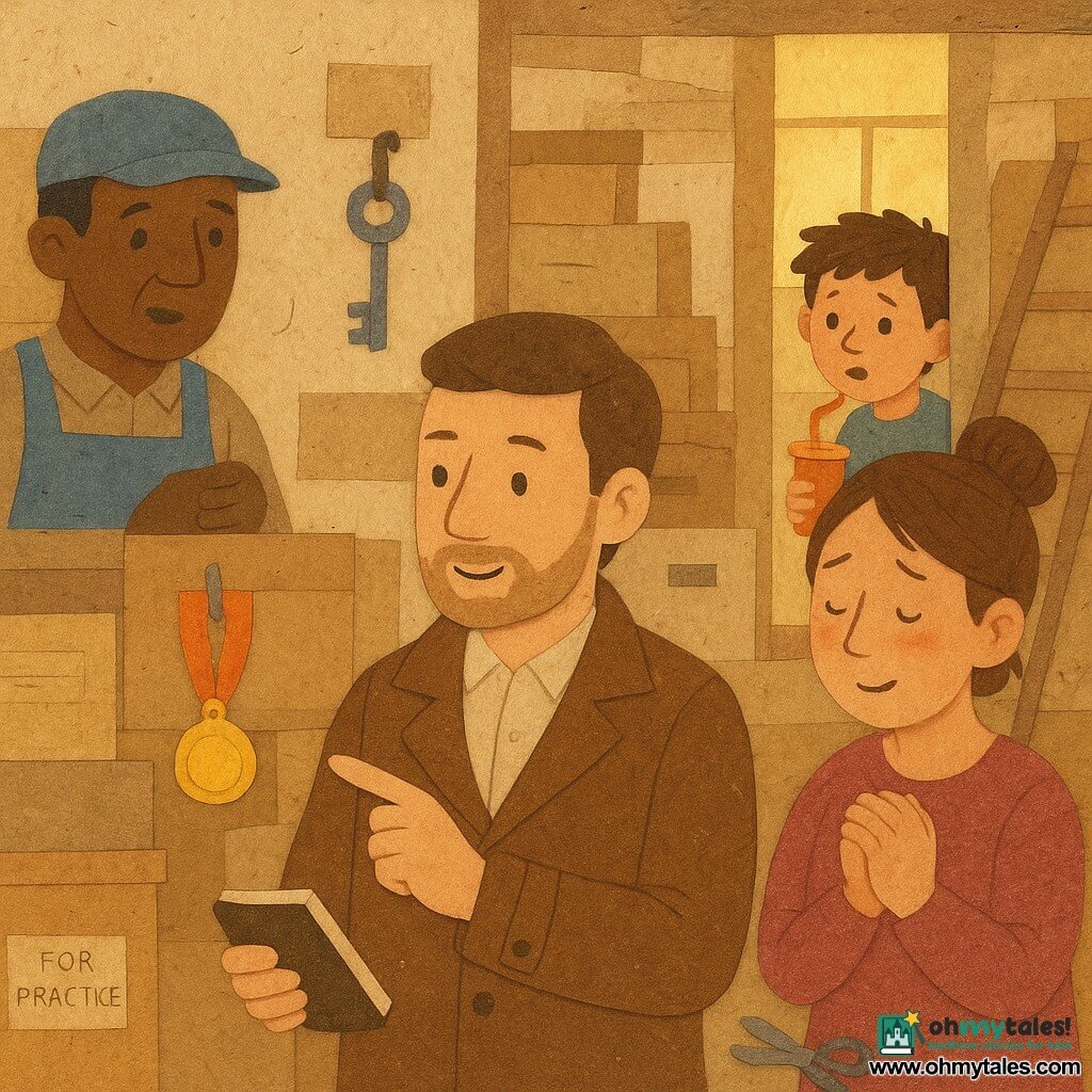 A thirty-something detective with a gentle face and light stubble, focused and calm, wearing a brown trench coat made of textured paper, holds a small notebook and points to a golden medal hanging on a hook, looking relieved and attentive. Behind him to the right stands Nora, about 30, chestnut hair in a messy bun, flushed with shame but relieved, hands clenched and eyes downcast toward the medal as if she just confessed. To the left by the door is Mr. Dune, about 50, weathered, wearing a cap and apron, holding a key on a hook, his expression shifting from surprise to reassurance. A nine-year-old boy, Ben, hair tousled, stands in the doorway holding a lemonade and watches in wonder as a small colorful paper figure. The narrow, bright storage room is a patchwork of cut cardboard, handwritten labels, paper ladders, stacked boxes, a high window casting a warm beam, kraft paper shadows; the Golden Acorn Medal hangs from an autumn-colored ribbon with sticky notes visible (“FOR PRACTICE TODAY”), evoking gentle relief and repair, a simple luminous scene with paper textures, scissors and glue visible to emphasize the collage effect.