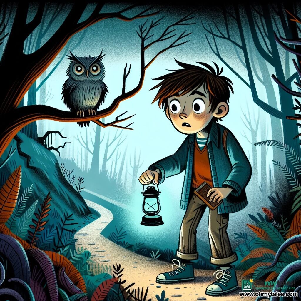 A 10-year-old boy, Elliot, stands at the edge of a winding path in a dark forest. He has messy brown hair, wide eyes filled with wonder and fear, and wears a worn blue sweater and canvas pants. In his hand, he holds a small lantern emitting a mysterious blue glow, illuminating his worried face. Nearby, a blurry silhouette emerges from the mist: a gray-feathered owl with round, piercing eyes perched on a branch, watching Elliot with curiosity. The setting is a dense forest, where gnarled tree trunks rise toward the sky, their twisted branches casting threatening shadows. A thick fog blankets the ground, adding to the mysterious and unsettling atmosphere. Elliot hesitates, looking at the path that splits into three directions, while whispers surround him like echoes of ancient stories. He appears both curious and scared, ready to make a choice that could change his fate.