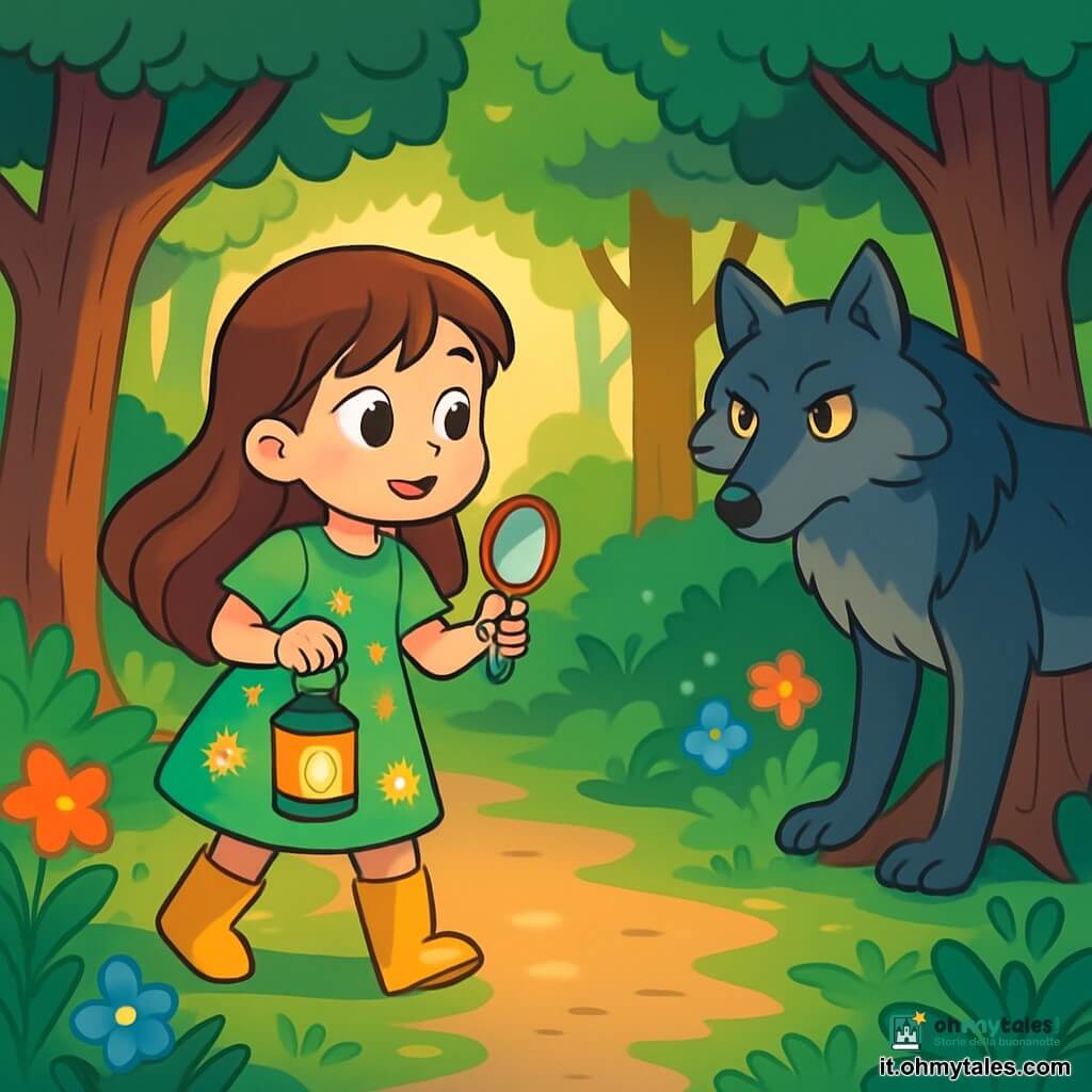 Una ragazza di 10 anni, Lina, si trova ai bordi di un chiarore in una foresta fitta, con gli occhi brillanti di eccitazione e curiosità. Ha lunghi capelli castani, un vestito verde a fiori e stivali di gomma, e tiene un piccolo specchio in una mano e una lanterna nell'altra, pronta a esplorare. Nelle vicinanze, un grande lupo dai peli grigi e dagli occhi penetranti osserva Lina con un'espressione sia curiosa che cauta, rimanendo all'ombra degli alberi. Il luogo è una foresta magica, con alberi maestosi dai tronchi spessi, raggi di sole che filtrano tra le foglie e fiori colorati che crescono tra le radici. La scena principale mostra Lina, coraggiosa e determinata, che si avvicina lentamente al lupo, mentre la luce della sua lanterna illumina dolcemente il suo cammino, creando un'atmosfera misteriosa e intrigante.