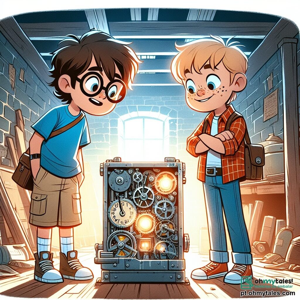 Há dois personagens principais: 1. Luís, um garoto de 10 anos, com cabelos castanhos bagunçados e óculos redondos. Ele usa uma camiseta azul e um short bege, e olha com admiração para uma máquina do tempo, um pequeno aparelho com engrenagens brilhantes e luzes piscantes, que está aos seus pés. 2. Pedro, um garoto de 10 anos, com cabelos loiros e sardas no rosto. Ele veste uma camisa xadrez vermelha e um jeans. Ele está ao lado de Luís, com os braços cruzados, exibindo um sorriso curioso e impaciente. A máquina do tempo está em um velho porão, cheio de ferramentas enferrujadas e livros empoeirados. As paredes são de tijolos expostos, e uma luz suave entra por uma pequena janela, criando uma atmosfera misteriosa. A cena principal mostra Luís e Pedro, animados e um pouco nervosos, enquanto se preparam para ativar a máquina do tempo para sua primeira aventura, cercados por engrenagens e livros antigos, prontos para mergulhar no desconhecido.