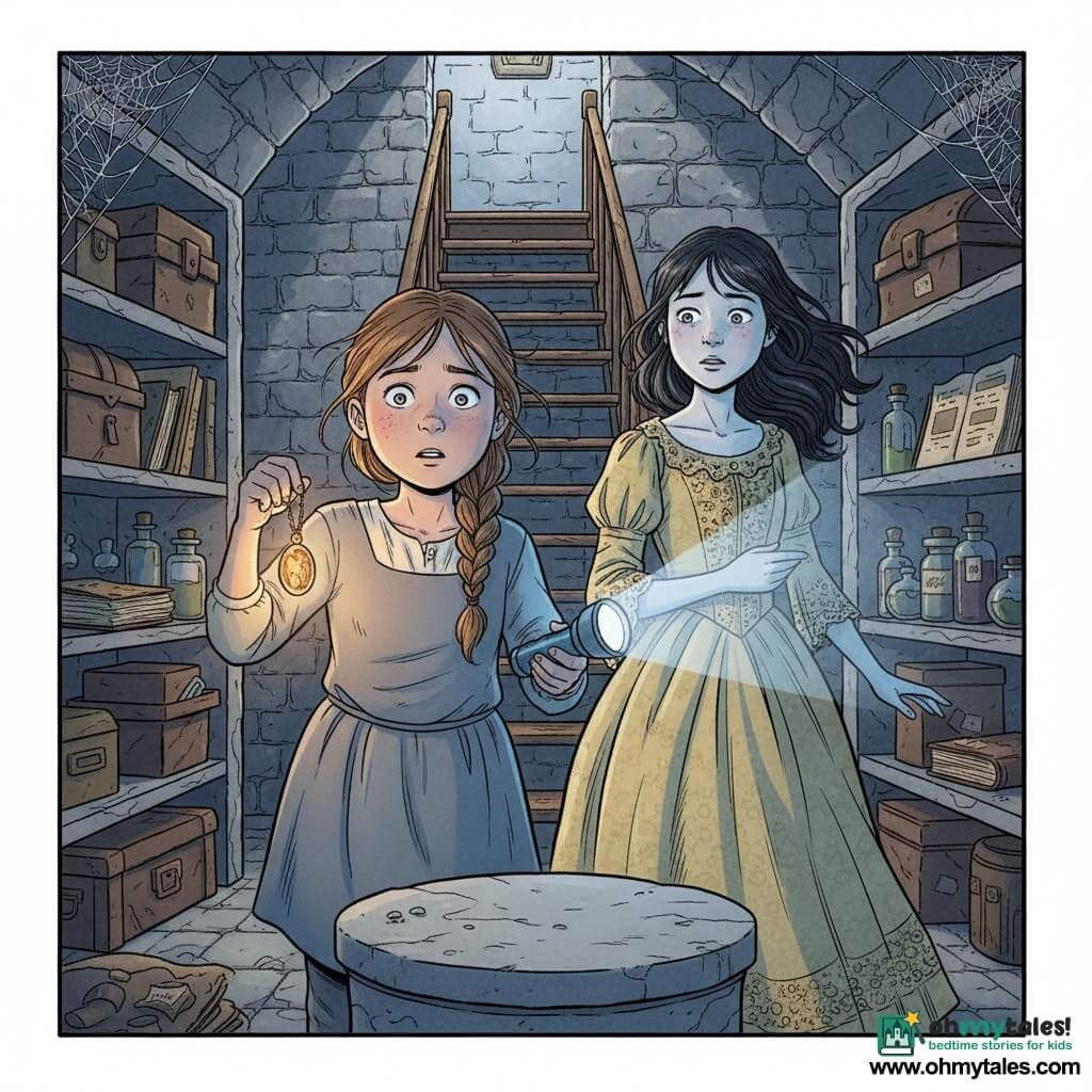A 12-year-old girl with a round face and loose light-brown braid, large worried eyes and a brave but trembling expression, holds a glowing amber pendant in her left hand and shines a cold blue flashlight with her right; beside her floats the ghostly 13-year-old Elara, pale translucent skin, dark hair drifting as if in a breeze, wearing an old yellowed lace dress and looking gratefully at the girl; a narrow worn wooden staircase with silvery cobwebs leads upward behind them into a stone underground chamber lined with shelves of cracked leather boxes, yellowed books and dusty glass bottles, with a stone pedestal at the center where the girl found the pendant and freed Elara—dramatic amber-and-blue lighting casts sharp shadows and dust motes, composition centered with tight shots on faces and hands, mysterious but child-friendly.