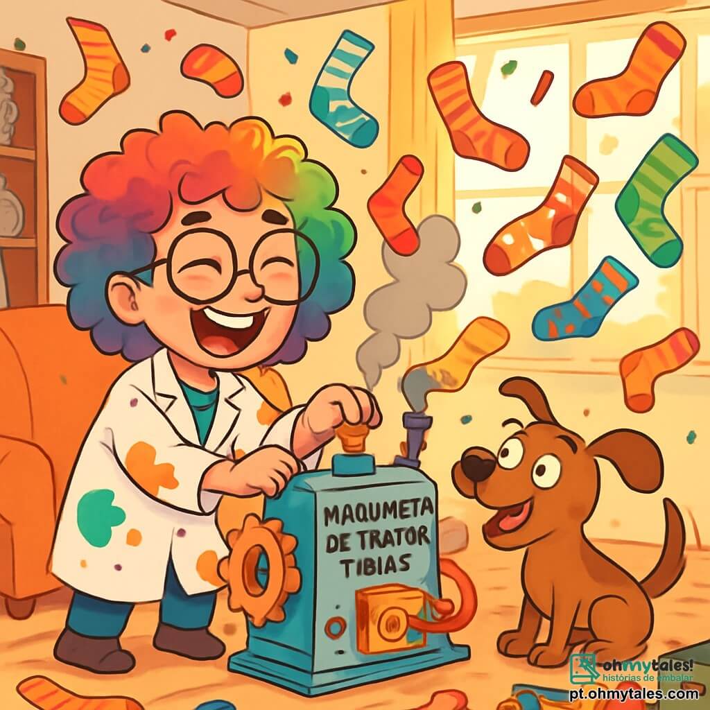 Olívia Borbulhante, uma mulher com cabelos cacheados e coloridos, usa uma bata de laboratório manchada de tinta e óculos redondos. Ela tem um sorriso travesso e olhos brilhantes de excitação enquanto ajusta sua Maquineta de Trocar Meias, uma máquina estranha feita de peças diversas que solta um leve vapor. Ao seu lado, Nino, um cachorro travesso com grandes orelhas caídas e pelagem marrom, observa a máquina com curiosidade, sua cauda balançando alegremente. A cena acontece na sala de estar de Olívia, cheia de gadgets estranhos, esboços pendurados nas paredes e caixas transbordando de materiais coloridos. Raios de sol entram pelas janelas, iluminando a bagunça criativa. Nesse momento, Olívia, cheia de entusiasmo, aperta o botão da máquina, que começa a vibrar e a emitir sons estranhos, resultando em uma explosão de meias coloridas que voam por todos os lados, enquanto Olívia ri diante desse caos inesperado.