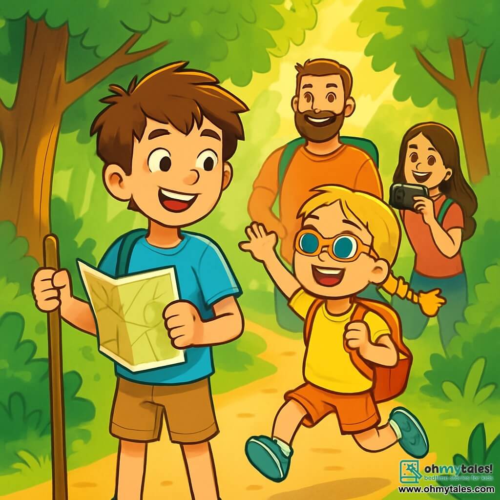 A 12-year-old boy, Sam, with messy brown hair and sparkling curious eyes, stands on a forest path, a big smile lighting up his face. He wears a bright blue t-shirt and beige shorts, holding a map in one hand and a hiking stick in the other, ready to explore. Next to him, his 8-year-old sister Lily, with braided blonde hair and colorful sunglasses, jumps with excitement, holding a small backpack filled with snacks. In the background, their father, a muscular man with a brown beard, smiles encouragingly, while their mother, a woman with long brown hair, takes a picture of the joyful scene. The location is a lush forest, with majestic trees and vibrant green leaves, as a gentle ray of sunlight filters through the foliage, illuminating the path with golden light. The main focus shows Sam and Lily, eager and excited, ready to embark on an adventure to discover the wonders of nature around them.