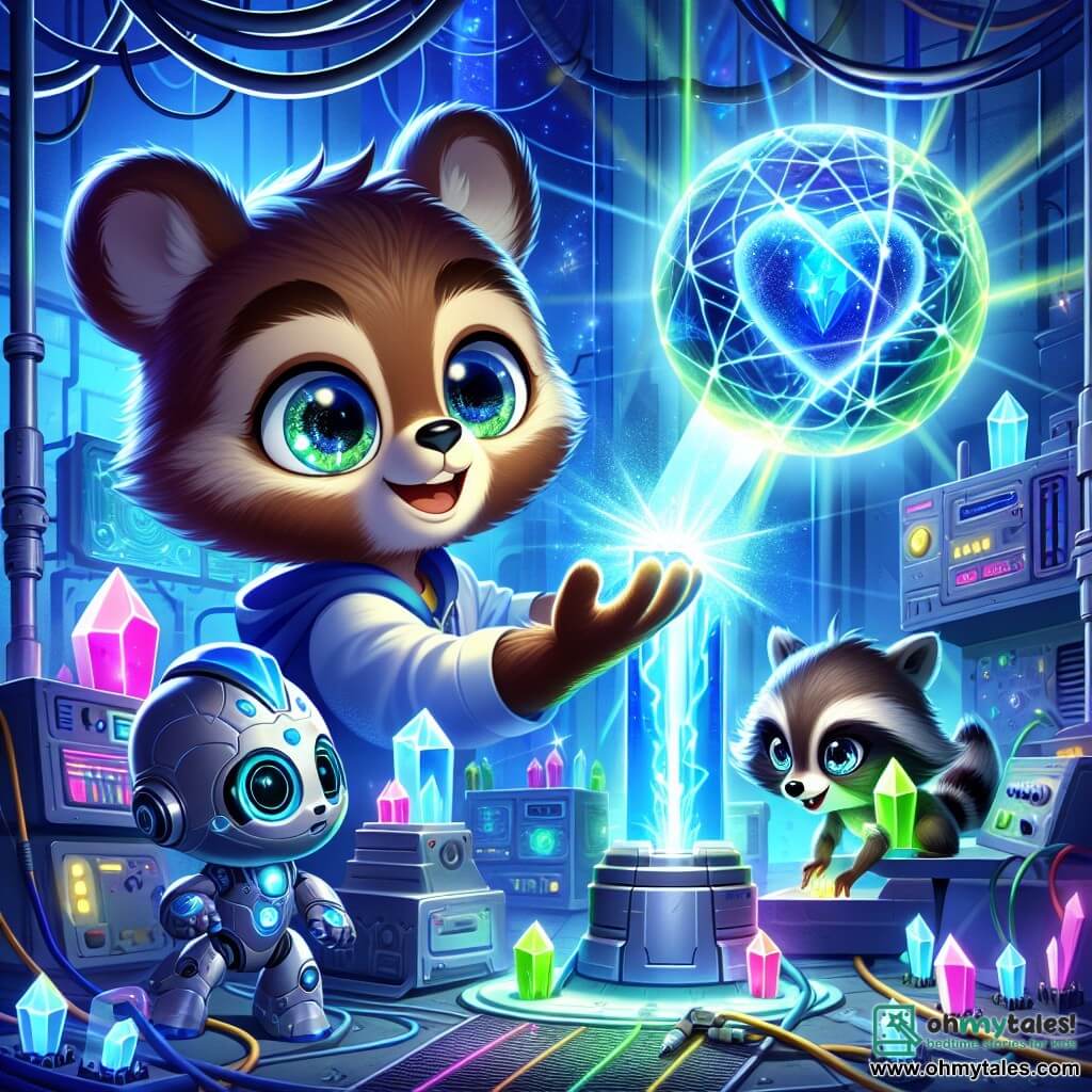 An illustration depicts a young brown bear, a curious boy with bright eyes and silky fur, showing excitement and determination as he manipulates glowing crystals, reaching out towards a vibrant energy core pulsing with bright colors. Beside him is a small spherical robot with a silver surface and expressive digital eyes, displaying enthusiasm as it hovers slightly above the ground, projecting a blue beam of light onto the crystals. Another character, a young raccoon, leans over a table full of machines, his sparkling green eyes focused and eager as he carefully adjusts cables, ready to assist in this crucial task. The main setting is a futuristic underground chamber filled with shimmering machines and glowing crystals pulsating with energy. The walls are adorned with technological panels, and at the center is an energy core, a bright sphere of blue and green emitting waves of light. The scene shows the three characters collaborating to stabilize the energy core, uniting their strengths to solve an urgent problem threatening their futuristic city. Additional graphic elements include bursts of light emanating from the energy core, colorful cables winding around the characters, and floating holograms displaying energy data, creating a dynamic and energetic atmosphere.