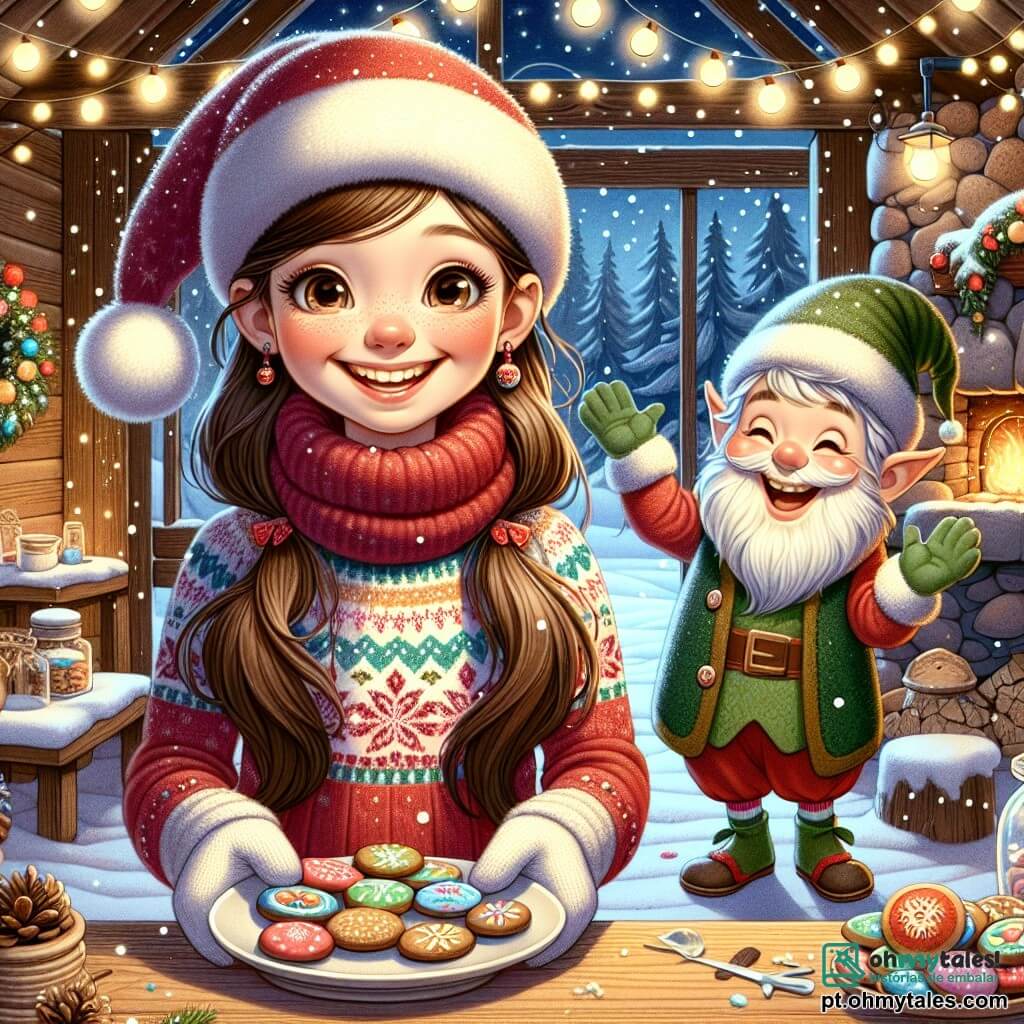 No centro da imagem, uma menina de 12 anos chamada Clara, com longos cabelos castanhos e olhos brilhantes de alegria, sorri amplamente enquanto segura um prato de biscoitos coloridos. Ela veste um suéter vermelho com um padrão de floco de neve e um cachecol de lã macia, e está diante de uma mesa decorada com luzes e enfeites de Natal. Ao seu lado, um pequeno duende chamado Tico, com cerca de 30 anos, usando um chapéu pontudo verde e uma barba branca, ri alegremente enquanto agita as mãos, cercado por flocos de neve que caem suavemente. O cenário é uma aconchegante cabana de madeira, com paredes adornadas com luzes brilhantes e uma lareira de pedra onde um fogo crepita suavemente. Do lado de fora, a neve cobre o chão, criando uma paisagem invernal mágica. A cena principal mostra Clara e Tico preparando biscoitos mágicos para celebrar o Natal, cheios de alegria e excitação, enquanto uma atmosfera festiva e calorosa os envolve, ilustrando o espírito de partilha e generosidade desta época mágica.