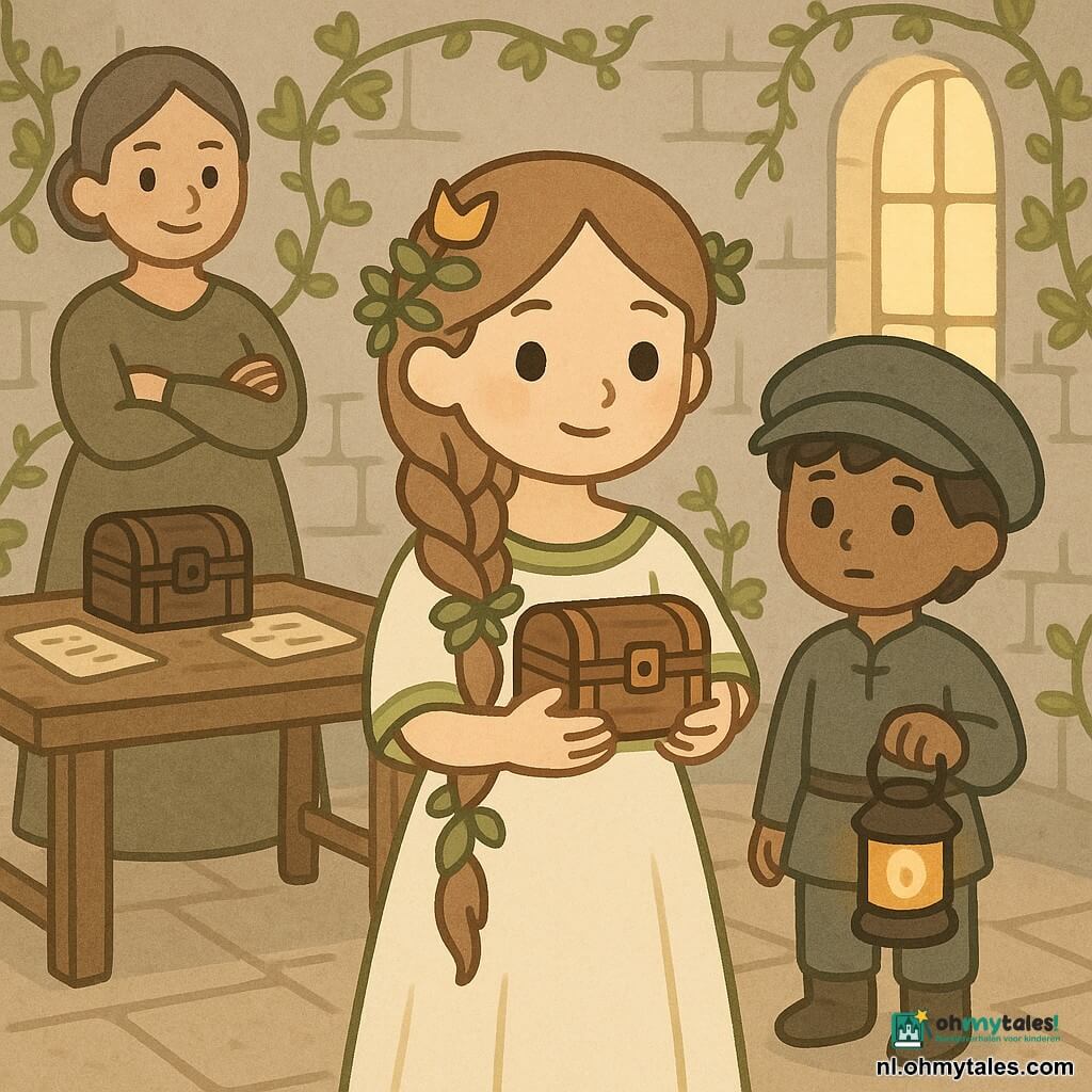 De prinses (ongeveer 12) met lang lichtbruin ingevlochten haar versierd met wijnbladeren glimlacht zacht terwijl ze een klein houten kistje tegen haar borst houdt; sereine, vastberaden uitdrukking, fonkelende ogen, eenvoudige ivoorkleurige jurk met groene bies. De page Jasper (ongeveer 13) met kort zwart haar onder een te grote pet houdt links een lantaarn en kijkt respectvol naar de prinses; attente houding, grijsgroene linnen kleding, net rechts achter haar. Dame Mirel (ongeveer 40) met grijzend haar in een knot staat links bij een houten tafel met gekruiste armen en een scheve glimlach, beschermende blik. Plaats: ronde torenkamer met grijze stenen muren bedekt met klimop, smalle hoge ramen die gouden licht binnenlaten, houten tafel in het midden met een donker kistje en verspreide perkamenten, versleten stenen vloer. Situatie: de prinses overhandigt het gesloten kistje nadat ze heeft beloofd het te beschermen; rustige, plechtige, intieme sfeer, kleuren palet van zachte groenen, warme bruintinten en goud; zacht licht, lichte schaduwen, minimalistische kawaii-stijl met eenvoudige silhouetten en zuivere lijnen.