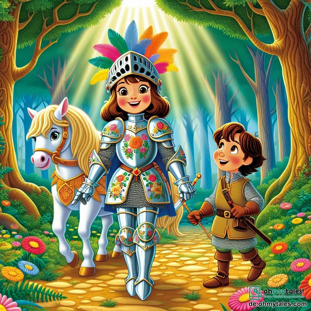 Eine mutige Ritterin, Livia, steht stolz im Zentrum der Szene. Sie trägt eine glänzende Rüstung mit floralen Mustern und einen Helm mit bunten Federn. Ihr Gesicht zeigt freudige Entschlossenheit, ihre Augen strahlen vor Aufregung. An ihrer Seite steht ihr treues Pferd, Luna, ein prächtiger weißer Hengst mit einer goldenen Mähne, der bereit zu galoppieren scheint. Hinter Livia beobachtet ein 10-jähriger Knappe mit zerzausten braunen Haaren bewundernd. Er trägt eine einfache Tunika und hält ein kleines Holzschild, träumt davon, eines Tages ein großer Ritter zu werden. Die Kulisse ist eine bezaubernde Lichtung im dunklen Zauberwald, umgeben von majestätischen Bäumen mit dicken Stämmen und leuchtend grünen Blättern. Sonnenstrahlen dringen durch das Laub und beleuchten die bunten Blumen, die den Boden bedecken. Livia bereitet sich darauf vor, den geheimnisvollen Weg zu betreten, der zu dem Ort führt, an dem der Schwertmagier verborgen ist, ihr Herz schlägt vor Aufregung und Abenteuer.