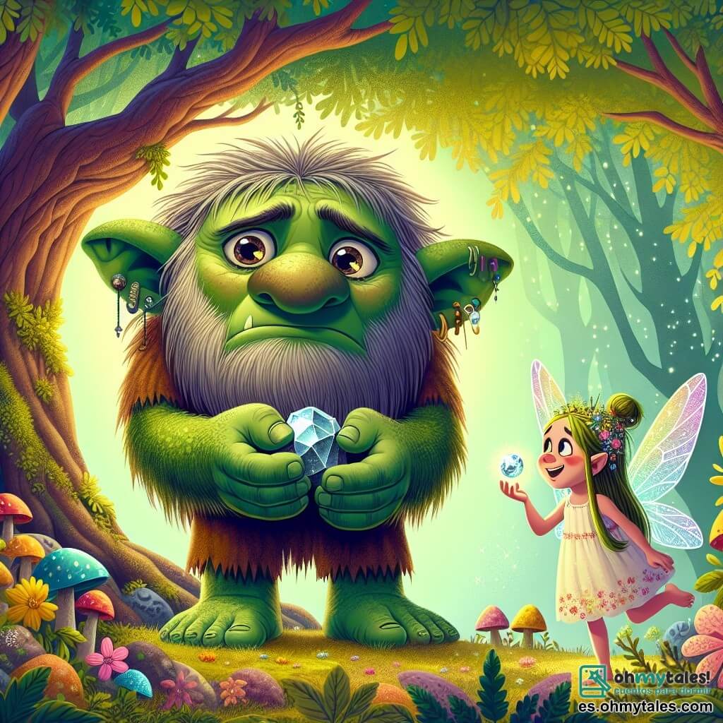 Un troll llamado Timo, grande y verde con piel rugosa y ojos brillantes de curiosidad, está en el centro de la escena, luciendo triste, mirando una piedra brillante que ya no brilla. Tiene grandes orejas puntiagudas y una amplia sonrisa, pero hoy su sonrisa está borrada por la preocupación. A su lado, una pequeña hada llamada Lila, con cabello dorado y alas brillantes, vuela alegremente. Tiene alrededor de 10 años y lleva un vestido hecho de pétalos de flores. Lila sonríe a Timo, ofreciéndole su ayuda. Al fondo, un viejo roble majestuoso con hojas de un verde brillante se alza, sus ramas extendiéndose como brazos protectores sobre ellos. El suelo está cubierto de flores coloridas y setas, y un suave rayo de sol filtra a través de las hojas, creando una atmósfera mágica. La situación principal muestra a Timo, el troll, sosteniendo la piedra en sus grandes manos, mientras Lila le explica cómo recuperar el secreto del bosque mágico, rodeados por la belleza encantada del bosque.