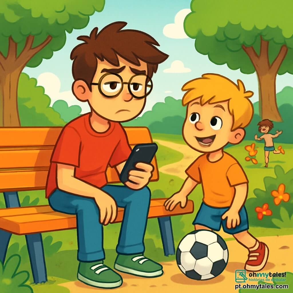 Um menino de 12 anos, Lucas, com cabelos castanhos bagunçados e óculos redondos, está sentado em um banco em um parque ensolarado. Ele tem uma expressão pensativa, com as sobrancelhas levemente franzidas, segurando seu celular em uma mão, enquanto a outra mão repousa em seu joelho. Ao lado dele, seu irmão mais novo de 8 anos, com cabelos loiros e um sorriso radiante, brinca com uma bola de futebol, olhando para Lucas com curiosidade. Ao fundo, árvores verdes e flores coloridas cercam o caminho, enquanto crianças riem e brincam na grama. A situação principal mostra Lucas refletindo sobre o tempo que passou em frente às telas, observando seu irmão se divertir e se perguntando se deveria se juntar ao jogo.