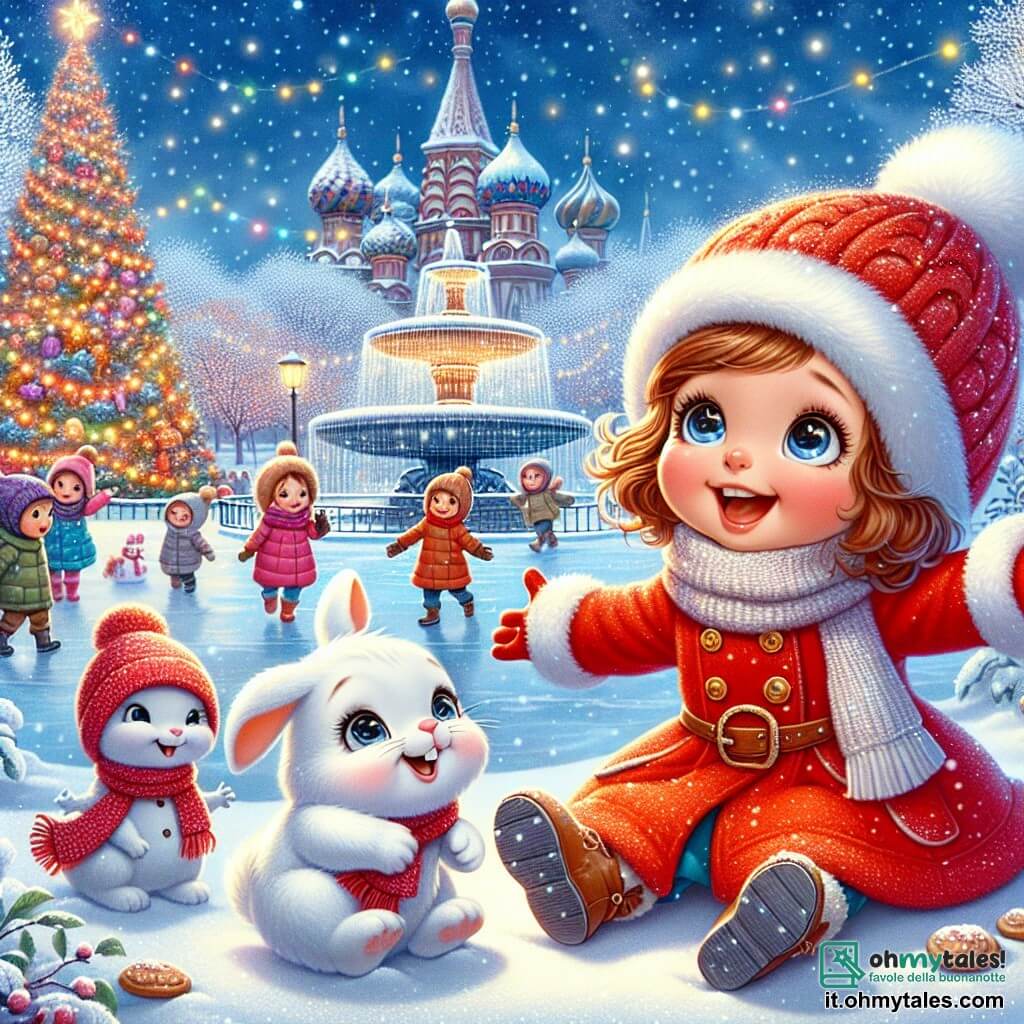 Una bambina di 3 anni, Sofia, con grandi occhi brillanti e capelli ricci castani, indossa un cappotto rosso vivo e un berretto di lana. Sorride con meraviglia, le braccia aperte, mentre scopre un parco innevato. Accanto a lei, un coniglio magico di nome Nino, con il pelo bianco e orecchie lunghe, salta gioiosamente nella neve, il suo viso splendente di malizia. Il parco è un vero paese delle meraviglie invernale, con alberi coperti di neve scintillante, luci colorate che brillano nella notte e un grande albero di Natale decorato con festoni luccicanti. I bambini giocano intorno, costruendo un grande pupazzo di neve, mentre fiocchi di neve cadono dolcemente dal cielo stellato. La scena principale mostra Sofia e Nino, circondati da altri bambini, intenti a costruire un pupazzo di neve, ridendo e condividendo biscotti di Natale che hanno preparato insieme. L'atmosfera è gioiosa e festosa, piena di risate e magia natalizia.