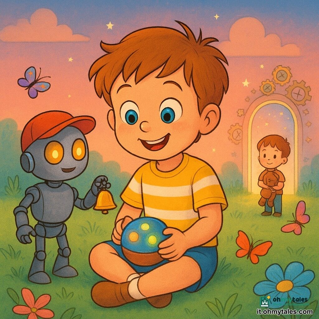 Un bimbo di 4 anni, Leo, sorridente e meravigliato, capelli castano chiaro spettinati, occhi tondi azzurri, gioca con una piccola scatola rotonda lucida sulle ginocchia; indossa una maglietta gialla a righe bianche e pantaloncini blu, seduto sull'erba morbida, concentrato sulla scatola che ha tre luci piccole: blu, verde e gialla. Un piccolo robot chiamato Pipo, formato giocattolo non umano, corpo metallico opaco, cappellino rosso, occhi-luce ambrati, è a sinistra di Leo e porge una campanella lucida. Un Leo più piccolo (circa 2 anni) con un pupazzo marrone osserva da una fontana sullo sfondo e sorride timidamente. Sullo sfondo un corridoio luminoso sospeso apre una porta di luce fatta di vecchi orologi e piccole stelle soffici che si dissolvono, toni pastello rosa e azzurro; il terreno è un prato verde vellutato con grandi fiori stilizzati e farfalle colorate, luce soffusa del tardo pomeriggio con ombre lunghe e calde. Composizione incentrata sul rapporto tra Leo e la scatola, Pipo a sinistra come guida, il piccolo Leo del passato a destra sullo sfondo; atmosfera magica, rassicurante e calda, stile linee nette, colori saturi ma morbidi, texture effetto matita leggera.