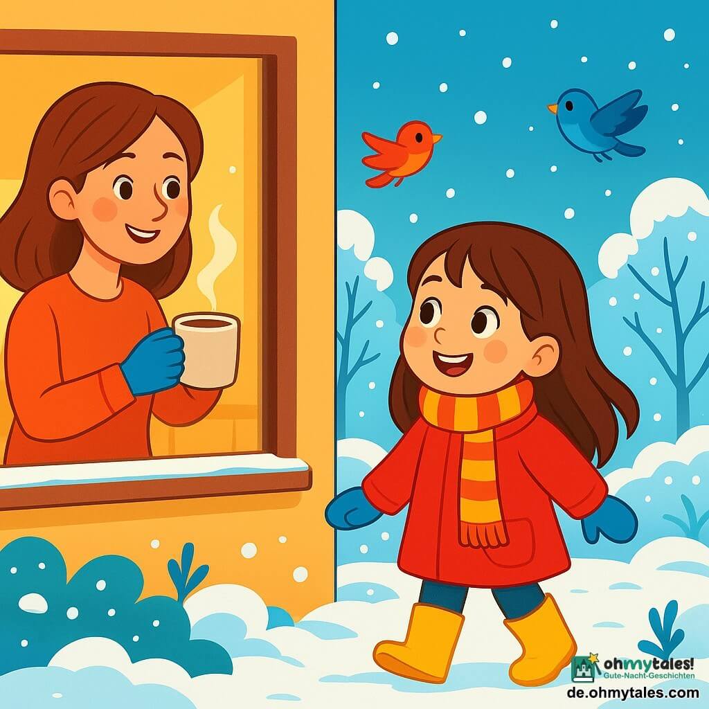 Ein 6-jähriges Mädchen, Mia, mit langen braunen Haaren und rosigen Wangen, lächelt fröhlich, während sie aus dem Fenster schaut. Sie trägt einen leuchtend roten Mantel, einen gestreiften Schal und blaue Handschuhe. Zu ihren Füßen glänzen gelbe Gummistiefel im Morgenlicht. Ihre Mama, eine etwa 30-jährige Frau mit braunen Haaren und einem warmen Lächeln, steht in der Küche und hält eine dampfende Tasse heiße Schokolade. Sie schaut Mia zärtlich an, bereit, sie nach draußen zu begleiten. Der Garten ist eine zauberhafte Landschaft, bedeckt mit einer dicken Schicht glitzerndem Schnee, wo die Bäume mit Schneeflocken geschmückt sind und der Himmel strahlend blau ist. Mia, voller Aufregung, bereitet sich darauf vor, hinauszugehen, um im Schnee zu spielen, einen Schneemann zu bauen und Schneebälle zu werfen, während bunte Vögel um sie herumfliegen und dieser magischen Winterszene Leben verleihen.