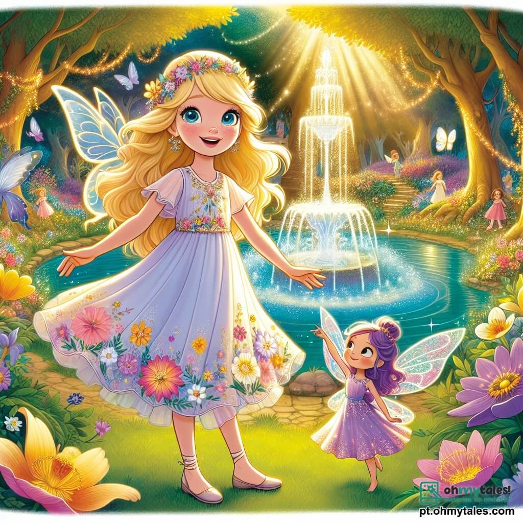 Clara, uma jovem com cabelos dourados e olhos azuis brilhantes, está no centro de um jardim encantado, com o rosto iluminado por um sorriso maravilhado. Ela veste um vestido leve em cores pastel, adornado com flores, e seus braços estão abertos como se estivesse acolhendo a magia ao seu redor. Ao seu lado, Lila, uma pequena fada com asas cintilantes, voa alegremente, medindo apenas o tamanho da mão de Clara. Lila tem cabelos roxos e um vestido feito de pétalas de flores, e aponta para uma fonte de água cristalina que brilha ao sol. O jardim é um lugar mágico, repleto de flores vibrantes, borboletas dançantes e árvores majestosas com folhas douradas. No centro, uma fonte mágica emite uma luz suave, criando uma atmosfera de sonho. Nesta cena, Clara descobre o jardim secreto pela primeira vez, maravilhada com sua beleza e a magia que a rodeia, enquanto Lila lhe mostra a fonte, símbolo da magia do jardim.