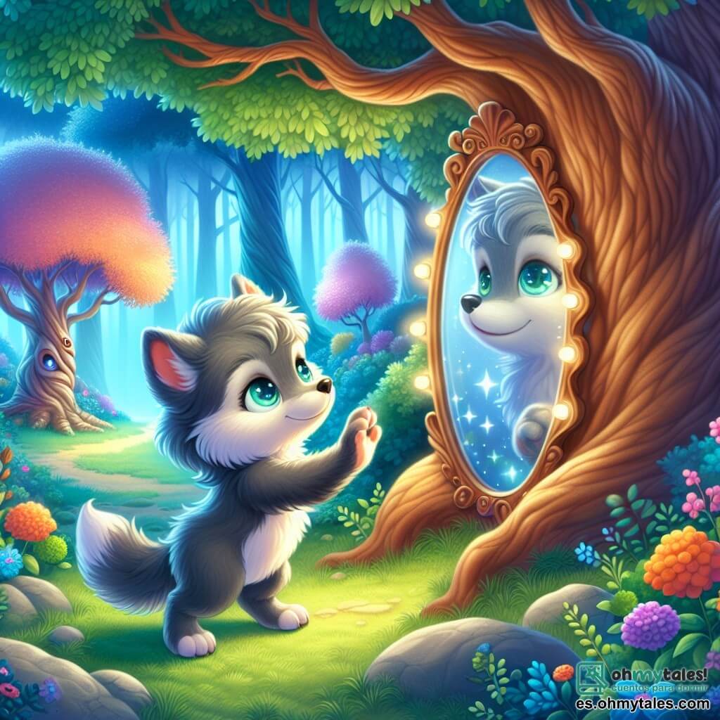 Un pequeño lobo llamado Lupo, con un suave pelaje gris y ojos brillantes de curiosidad, se encuentra frente a un espejo mágico plantado en el suelo, con una expresión maravillada e intrigada. Toca delicadamente el espejo con su pata, listo para descubrir un nuevo mundo. Cerca, un majestuoso árbol, con un tronco ancho y hojas brillantes, parece sonreírle a Lupo, extendiendo sus ramas como brazos acogedores. El árbol irradia una aura de sabiduría y bondad, mientras murmura palabras reconfortantes al pequeño lobo. El escenario es un bosque encantado, lleno de árboles coloridos con formas fantásticas, flores brillantes y una luz suave que filtra a través del follaje, creando una atmósfera mágica. La situación principal muestra a Lupo frente a un espejo misterioso, listo para sumergirse en un mundo donde la realidad y la magia se encuentran, ilustrando el momento en que descubre que la verdad está dentro de él.
