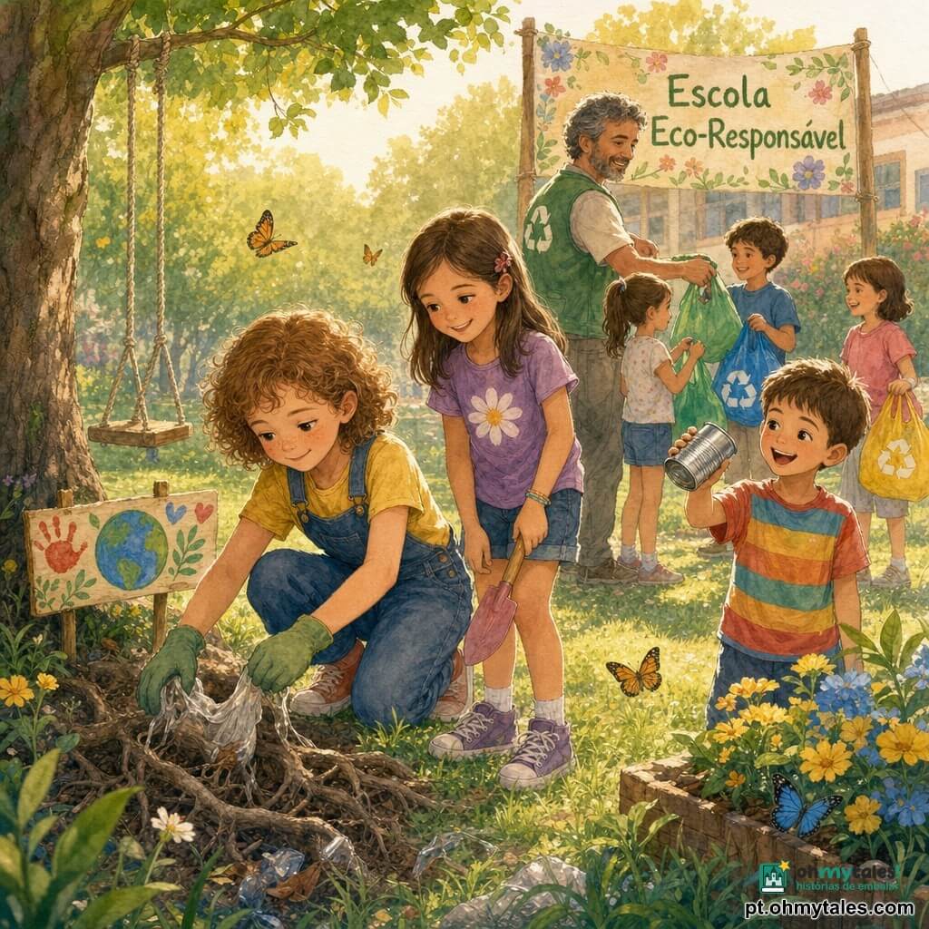 Uma menina de 6 anos, cabelos curtos e encaracolados castanho-claro, rosto redondo com sardas, ajoelha-se para retirar um saco plástico enredado nas raízes de uma árvore; Lila, também cerca de 6 anos, cabelos lisos castanhos, sorri segurando uma pequena pá de plástico junto à mão direita da protagonista; Tomás, cerca de 6 anos, cabelo curto e camiseta colorida, ri mostrando uma lata brilhante que acabou de apanhar; o professor, homem de ~35 anos com cabelo grisalho, veste um colete verde e distribui sacos de reciclagem junto a um painel pintado “Escola Eco-Responsável”; o cenário é um parque escolar iluminado com relva verde, flores amarelas e azuis, raízes expostas, algumas borboletas e um baloiço de madeira discreto; cena principal: crianças a limpar em conjunto, sacos de reciclagem coloridos ao lado, gestos cuidadosos e cooperativos, luz quente do fim da tarde, atmosfera tranquila e esperançosa.