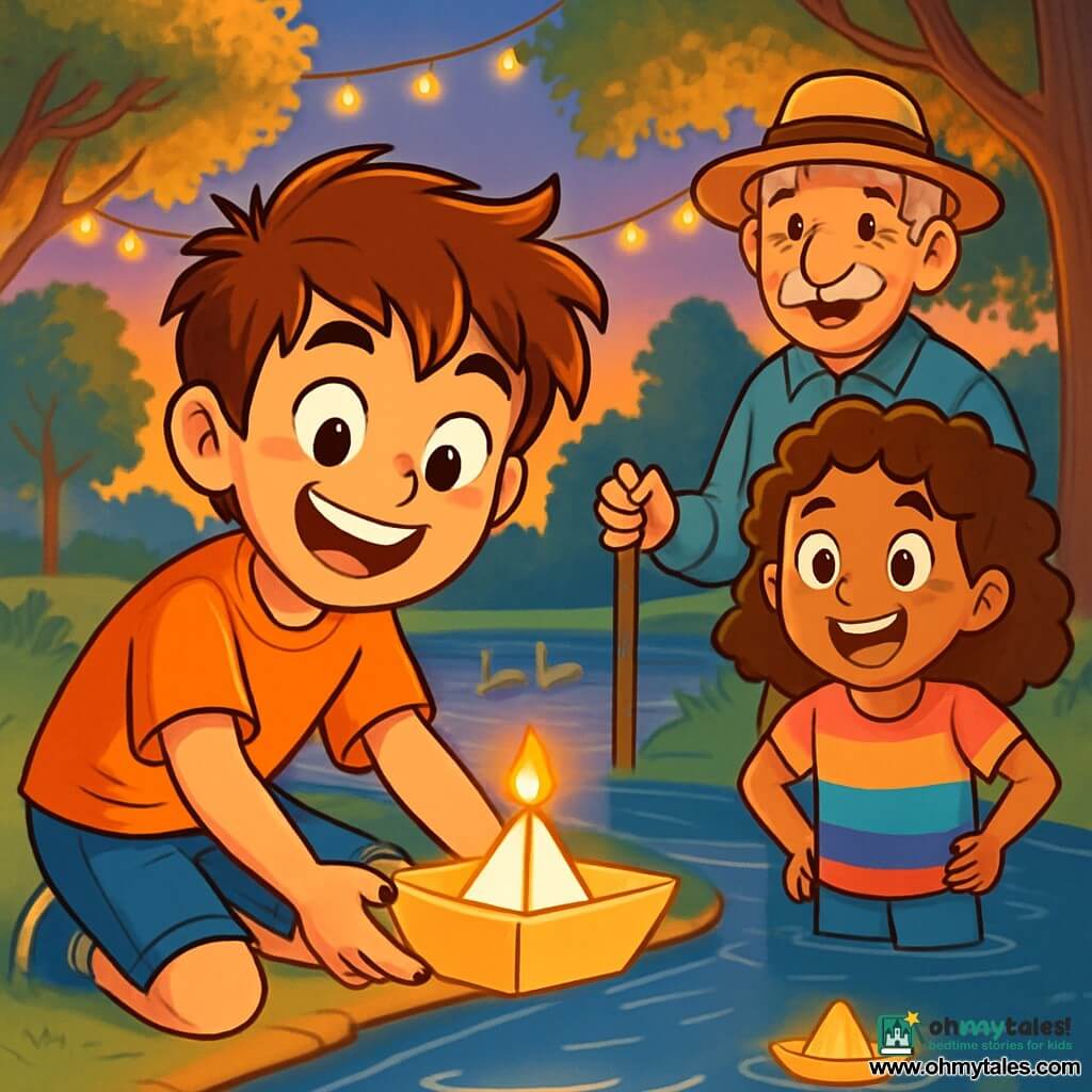 A 12-year-old boy with tousled brown hair and sparkling eyes stands by a pond, holding a small cardboard boat illuminated by a LED. His face radiates excitement and anticipation, with a broad smile revealing slightly crooked teeth. Next to him, an 11-year-old girl with curly hair and a colorful t-shirt watches the boat in awe, hands on her hips, ready to applaud. An elderly man with a gray mustache and a straw hat stands slightly back, proudly smiling while holding a stick to help guide the boats. The setting is a lovely park at dusk, with majestic trees adorned with golden leaves and a shimmering pond reflecting the last rays of sunlight. Ducks swim peacefully at the other end of the pond, while fairy lights hang from the branches, adding a magical touch to the atmosphere. The main scene shows the boy launching his illuminated boat onto the water, surrounded by friends cheering joyfully, creating a festive and warm ambiance full of laughter and hope.