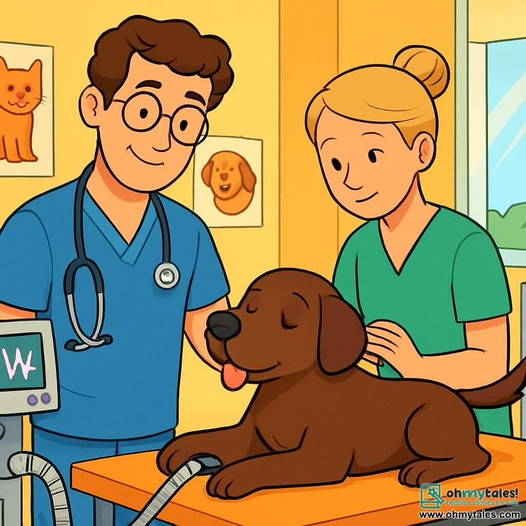 A male veterinarian, Dr. Thomas Bell, about 35 years old with slightly curly brown hair and round glasses, stands with a warm smile on his face. He wears blue scrubs and a stethoscope around his neck, kindly looking at a dog waking up after surgery. Next to him, a nurse, Linda, a woman around 30 with her blonde hair in a bun, attentively observes the dog, ready to assist. She also wears green scrubs and has a reassuring expression. The illustration takes place in a bright examination room of a veterinary clinic, with walls painted in vibrant colors and animal posters. Medical equipment, animal cages, and colorful toys are scattered around. The main scene shows Dr. Bell ensuring that the dog, a chocolate Labrador named Max, wakes up safely after surgery. Max, lying on an examination table, slowly opens his eyes, his tail wagging gently, while Dr. Bell speaks to him softly and encouragingly.