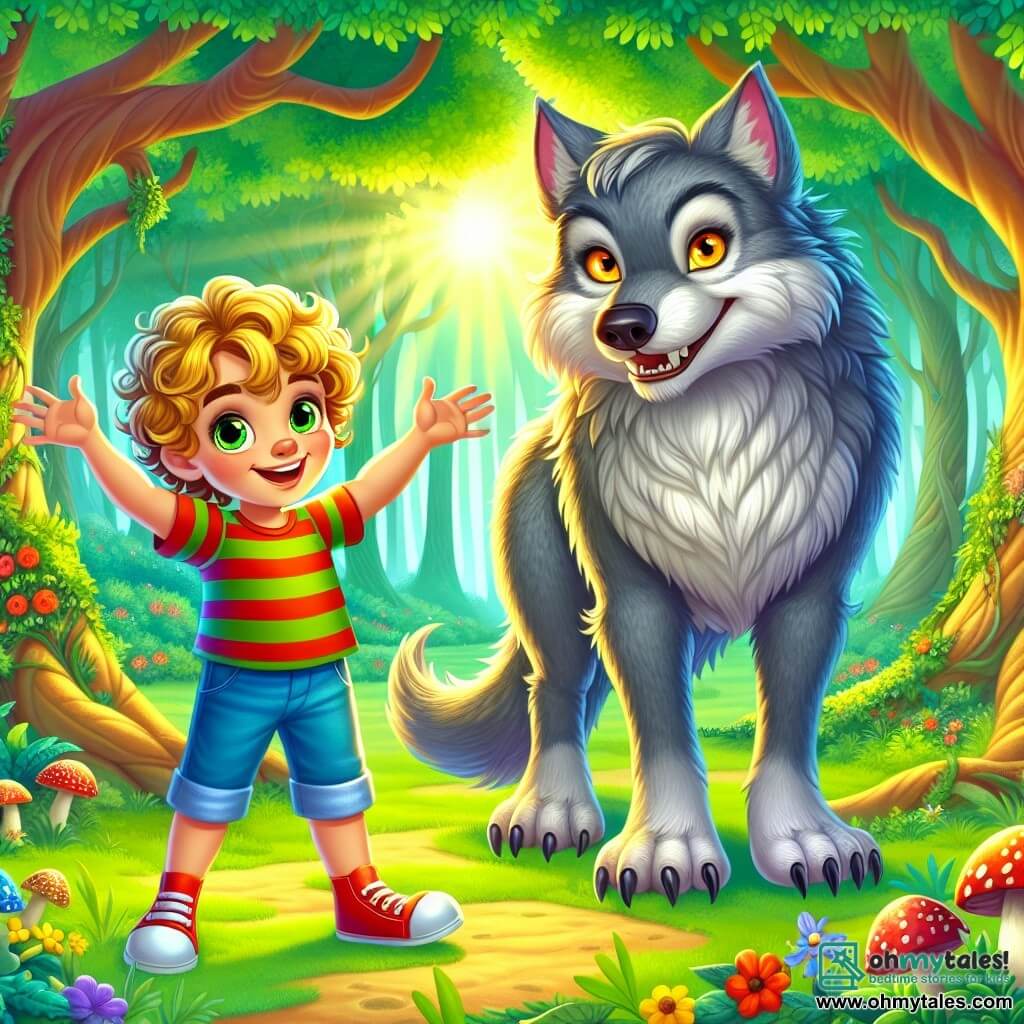 An 8-year-old boy named Oliver, with curly golden hair, sparkling curious eyes, and a bright smile, stands at the center of the scene. He wears a colorful striped shirt and denim shorts, looking both brave and joyful, raising his arms in encouragement towards the Big Bad Wolf. The Big Bad Wolf, tall and imposing with gray fur and eyes that shine like embers, stands next to Oliver, displaying a friendly and curious smile, indicating that he has changed. He leans slightly forward, listening attentively to Oliver, with an expression of surprise and interest on his face. The setting is in the enchanted forest of the Whispering Woods, where majestic trees with thick trunks and lush green leaves form a natural canopy. Colorful flowers and oddly shaped mushrooms dot the ground, while rays of sunlight filter through the branches, creating a magical and warm atmosphere. The main situation shows Oliver and the Big Bad Wolf chatting joyfully, with Oliver encouraging the wolf to become the hero of the woods, while curious little animals like rabbits and birds watch them with expressions of wonder and friendship.