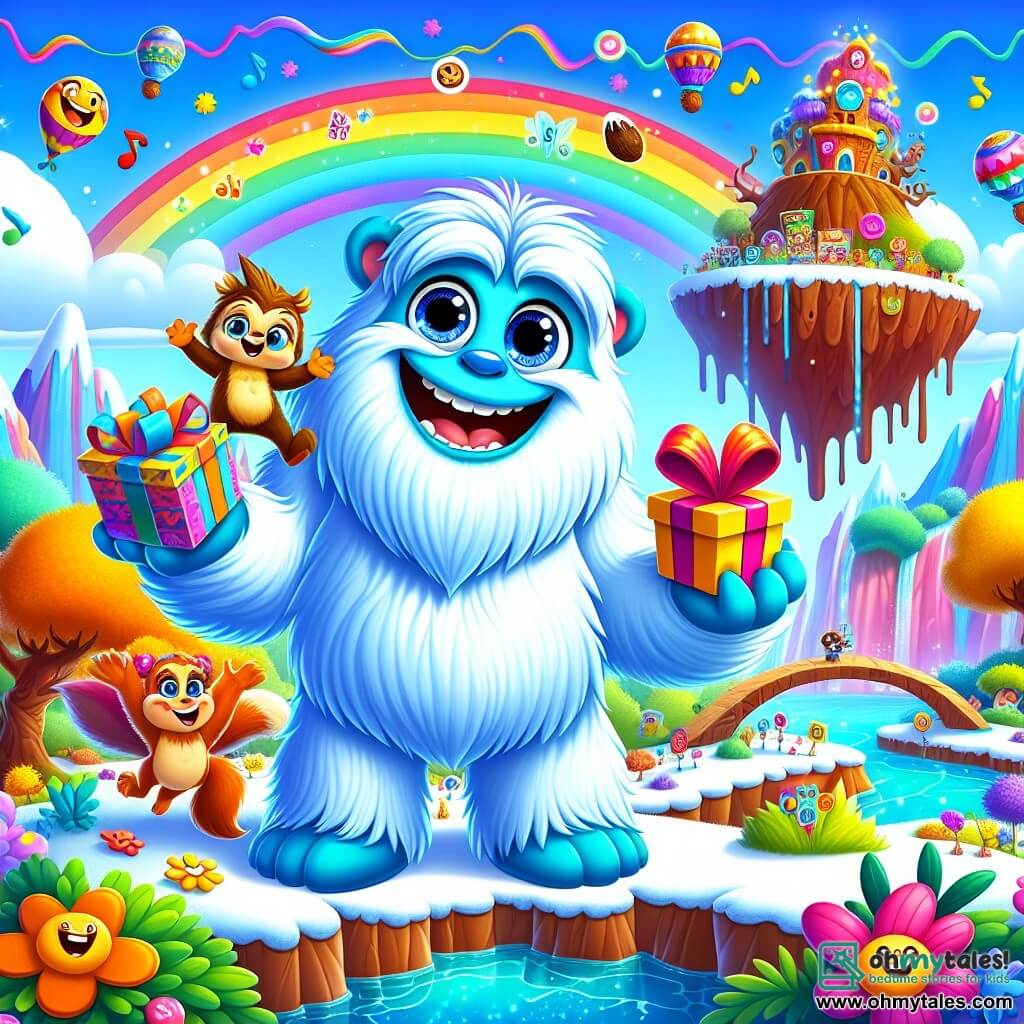 A friendly, fluffy yeti named Yumble, with bright blue fur, sparkling mischievous eyes, and a big cheerful smile, stands in the center of the image holding a colorful box full of jokes. Next to him, a chatty little squirrel named Cheeky, with brown fur and bright eyes, jumps for joy with his little paws in the air. In the background, a beautiful floating island is adorned with singing rainbow flowers, a chocolate stream, and a large coconut-shaped tree. The scene radiates a festive and happy atmosphere as Yumble and Cheeky prepare to share laughter and surprises with their friends.