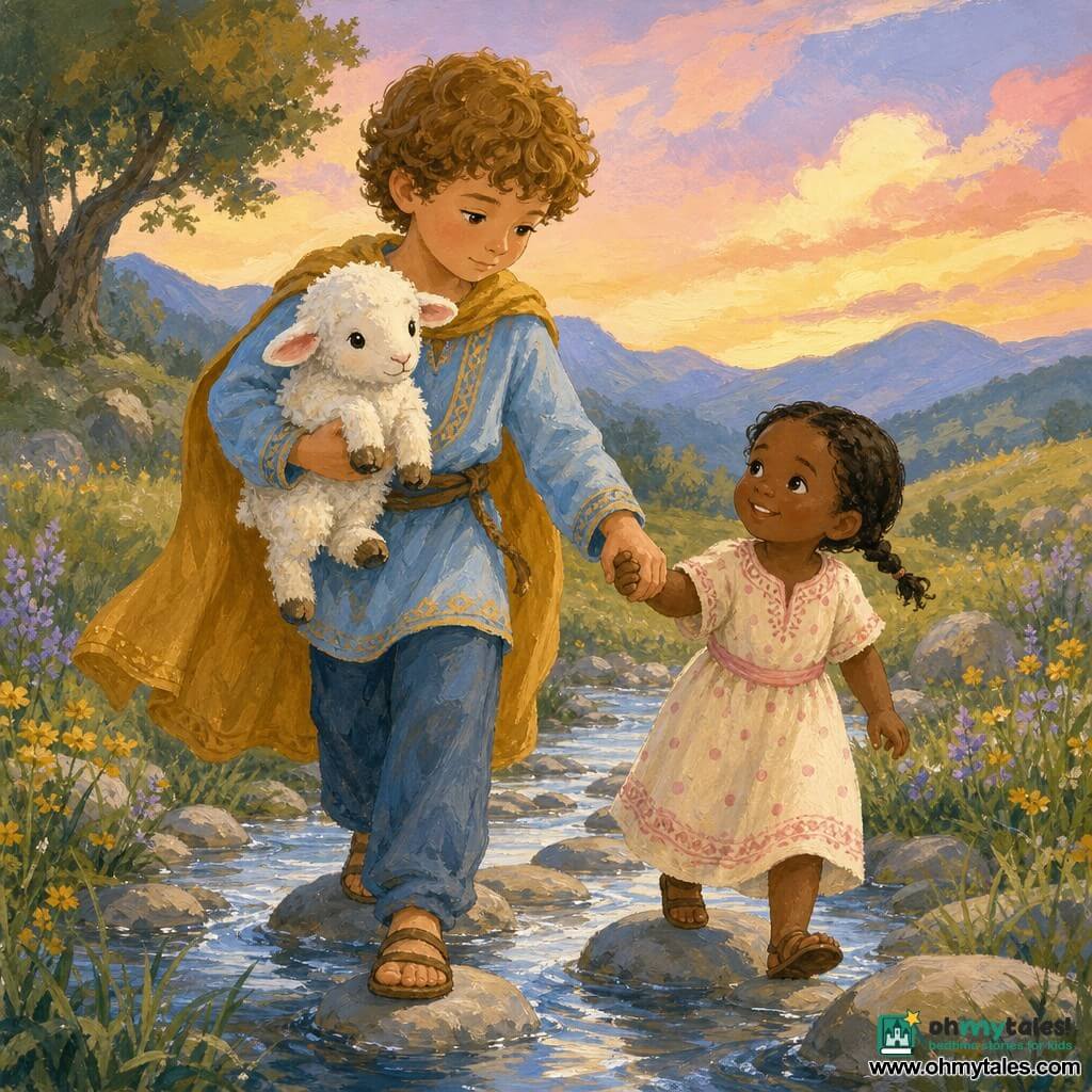 A small prince (boy, about 8) with soft serious features, light chestnut curls, wearing a sky-blue embroidered outfit and mustard cape, firmly holding a younger girl's hand and stepping on a stone in a shallow stream; a little girl (about 5) with round cheeks, dark braided hair and a cream dress with pink dots walks beside him, smiling shyly at the white fluffy lamb with pink ears and round black eyes nestled in the prince's arms; setting: shallow stream with smooth gray stones, tender green grass, yellow and mauve wildflowers, soft blue hills and a pastel dawn sky; mood: tender, secure hand-in-hand crossing, centered composition, visible gouache brush textures and brushstrokes, warm colors, soft contrast and golden evening light conveying protection and trust.