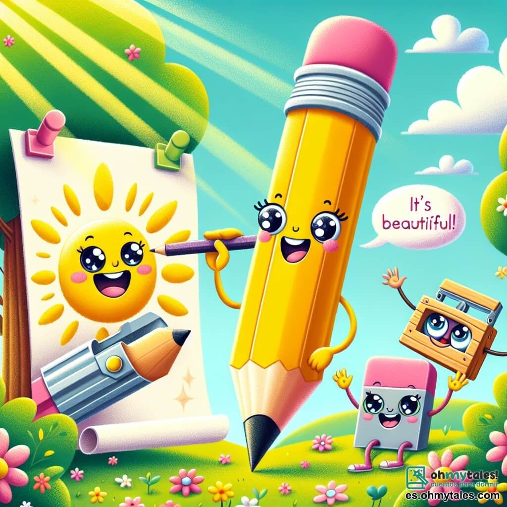 Un lápiz alegre, de color amarillo brillante y con una cara sonriente, está dibujando un gran sol en una hoja de papel colgada de un árbol. Sus ojos brillan de emoción y su boca está abierta, mostrando su alegría. A su lado, una goma de borrar rosa en forma de nube, con ojos redondos y una sonrisa traviesa, salta de felicidad exclamando: "¡Es magnífico!" Un sacapuntas de madera, con rasgos de personalidad vivos y ojos brillantes, está cerca, listo para ayudar. El lugar es un jardín colorido, lleno de flores brillantes y árboles verdes, bajo un cielo azul claro con nubes blancas. La escena crea una atmósfera alegre y cálida, mostrando a los tres amigos trabajando juntos en un dibujo gigante, celebrando su amistad y creatividad.