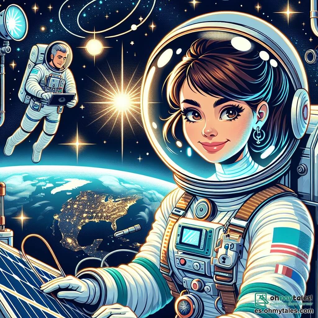 Valeria, una mujer astronauta de unos treinta años, flota en el espacio, su rostro radiante de emoción y asombro. Lleva un elegante casco de astronauta y un traje blanco adornado con colores vivos, con detalles plateados que brillan bajo la luz de las estrellas. Tiene el cabello castaño recogido en una coleta y sostiene una herramienta de reparación en las manos, lista para trabajar en un panel solar. Cerca de ella, Rob, un hombre de unos cuarenta años, verifica instrumentos en una tableta flotante. Tiene el cabello canoso y lleva un traje espacial similar al de Valeria, pero con toques de azul. Su expresión es concentrada, y le lanza una mirada alentadora a Valeria. La escena se desarrolla en la inmensidad del espacio, con la Tierra majestuosamente visible de fondo, sus océanos y continentes iluminados por el sol. Estrellas brillantes rodean al dúo, creando una atmósfera mágica e inspiradora. La situación principal muestra a Valeria y Rob realizando un importante mantenimiento en los paneles solares de la estación espacial, mientras flotan libremente en el espacio, unidos por su misión y su pasión por la exploración.