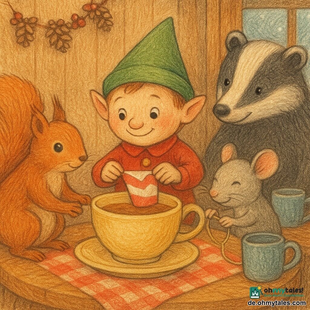 Hauptfigur ein kleiner schelmischer Kobold mit rundem verschmitztem Gesicht, funkelnden Augen, grünem Zipfelhut und roter Jacke mit goldenen Knöpfen, der schüchtern lächelt und behutsam einen rot-weißen Papierhut auf eine große Teetasse setzt; links Milla das Eichhörnchen mit weichem rotbraunem Fell, schützend, hält die Tasse mit einer Pfote; rechts Leni die graue Maus mit rosa Ohren, lacht leise und knotet eine Schnur um den Hut; dahinter Bromm der Dachs, groß und beruhigend, schwarz-weißes Fell, hält eine kleine Zapfenbrücke und wacht über die Gruppe; die Küche im Tannenwaldhaus aus warmem Holz mit rundem Eichentisch, rotkariertem Tuch, getrockneten Beerengirlanden, dampfendem Tee und von Schnee verglaster Fensterscheibe; die Szene zeigt einen vertrauten, gemütlichen Moment: Freunde befestigen gemeinsam den Papierhut auf der „Königstasse“, goldenes Licht, warme Stimmung und präzise kooperative Gesten.