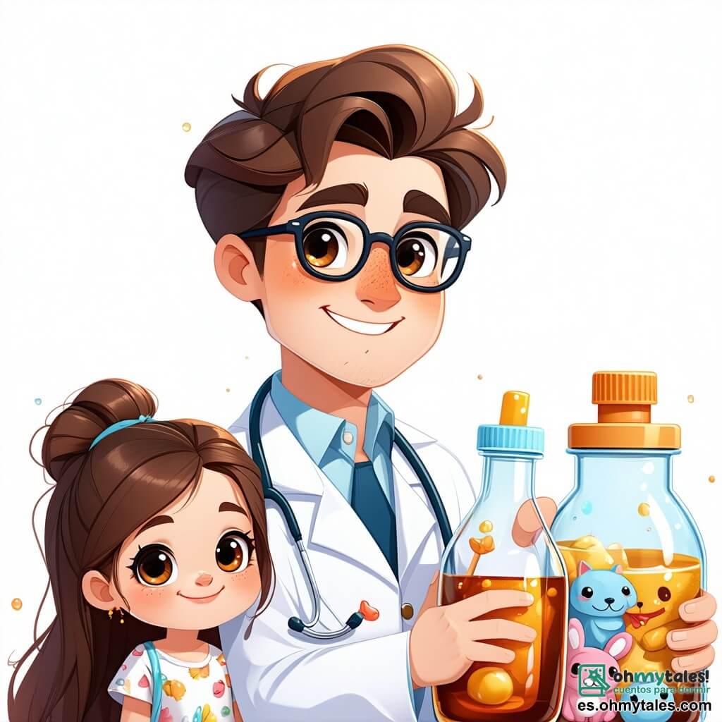 Un médico llamado Pablo está en el centro de la imagen. Tiene cabello castaño y gafas redondas, viste una bata blanca con dibujos coloridos de pequeños animales. Su rostro irradia bondad y sonríe cálidamente mientras sostiene un frasco de jarabe en una mano, listo para ayudar a una pequeña paciente. A su lado, Ana, una niña de seis años, tiene el cabello largo y rubio y lleva un vestido rosa con lunares. Mira a Pablo con ojos brillantes, sosteniendo un pañuelo de papel en su mano, lista para tomar el jarabe. El fondo muestra una sala de hospital luminosa, con paredes pintadas de azul pastel, carteles de animales sonrientes y juguetes coloridos esparcidos sobre una mesa. La escena representa el momento en que Pablo, el médico, prepara el jarabe para Ana, que está un poco enferma, pero llena de esperanza y coraje.