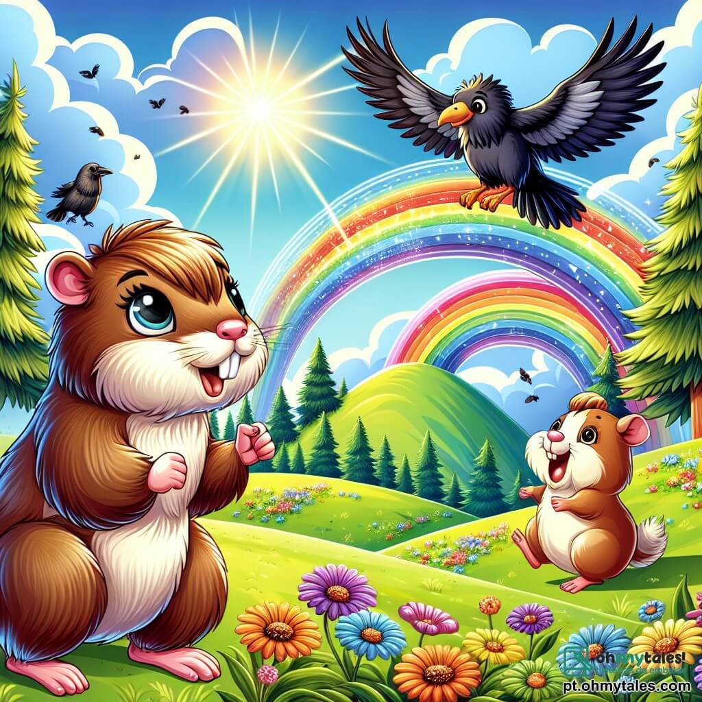 Uma marmota curiosa, com pelagem marrom suave e olhos brilhantes de alegria, está no centro da cena, sorrindo entusiasticamente enquanto observa um arco-íris brilhante que se estende sobre uma colina. Ao seu lado, um porquinho-da-índia travesso, com pelos sedosos e bochechas redondas, pula de alegria, enquanto uma corvo sábio de penas pretas brilhantes, empoleirada em um galho, observa com um ar pensativo. O cenário é uma colina verdejante, salpicada de flores coloridas que dançam ao vento, sob um céu azul radiante, onde o sol brilha intensamente. Ao longe, árvores majestosas emolduram a cena, criando uma atmosfera mágica. A marmota, cheia de coragem, se prepara para tocar a borda do magnífico arco-íris, símbolo de seus sonhos e desejos, enquanto seus amigos a incentivam com sorrisos radiantes, prontos para viver uma nova aventura juntos.