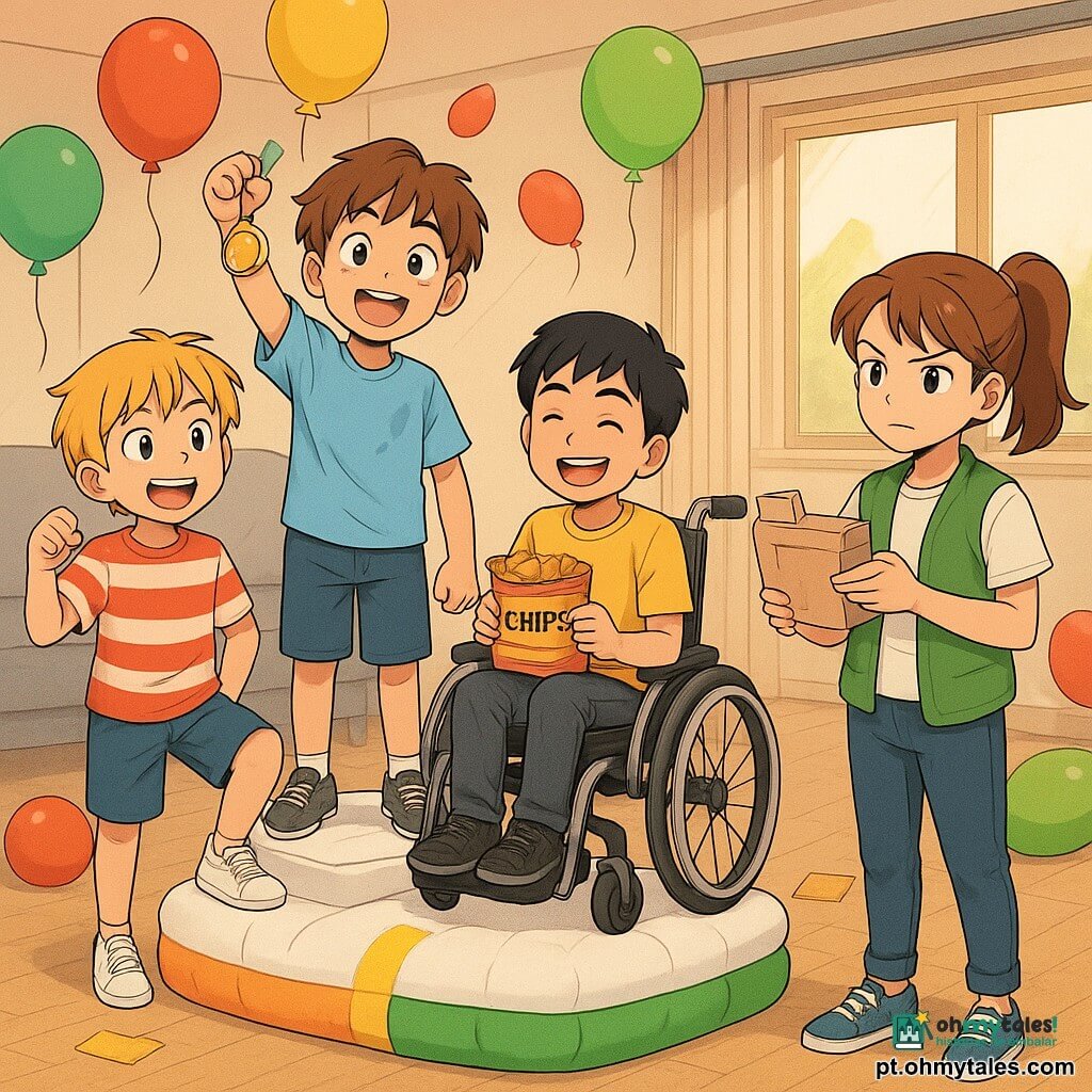 Quatro crianças numa cerimónia alegre e desordenada numa sala: Tomás (11 anos), cabelo castanho desgrenhado, rosto redondo, t-shirt azul claro com mancha, segura uma pequena medalha feita de cápsula dourada à direita do pódio, olhar orgulhoso; Rafa (11 anos), cabelo curto preto, sorriso caloroso, sentado numa cadeira de rodas visível no topo do pódio insuflável, segura um saco de batatas para partilhar; Martim (11 anos), loiro, expressão cómica, t-shirt às riscas, pés ainda presos a uma fita no chão, na marcha do meio faz pose de herói falso; Inês (11 anos), cabelo castanho apanhado em rabo, olhar autoritário mas sorridente, colete verde, segura uma folha "REGRAS" e organiza pequenas caixas, à direita do pódio; ambiente familiar com sofá cinzento, mesa de centro com pratos vazios e restos de bolachas, guirlandas de balões coloridos (amarelo, verde, vermelho), caixa de cartão aberta no chão, chão em madeira clara e luz quente a entrar pela janela, atmosfera festiva de partilha e cumplicidade.