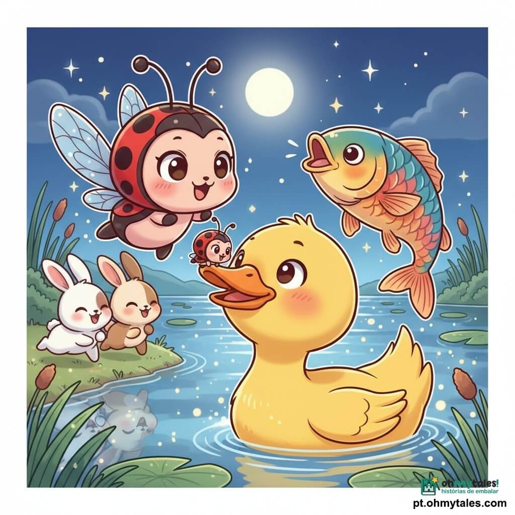 Uma joaninha vermelha de bolinhas pretas, olhos grandes e brilhantes, expressão surpresa e alegre, asas abertas, pousada de forma cômica no bico de um pato amarelo de bico laranja, olhar meio surpreso meio divertido, três coelhinhos brancos e castanhos com orelhas longas pulando perto da margem esquerda, um peixe grande e colorido saltando atrás do pato; lago estrelado sob noite clara com reflexos cintilantes, nenúfares, juncos e lua redonda; atmosfera lúdica e mágica, cores saturadas e contrastantes, traços arredondados e contornos nítidos, muitas pequenas faíscas ao redor, composição centrada na joaninha sobre o bico do pato, planos próximos e fundo do lago ligeiramente desfocado.