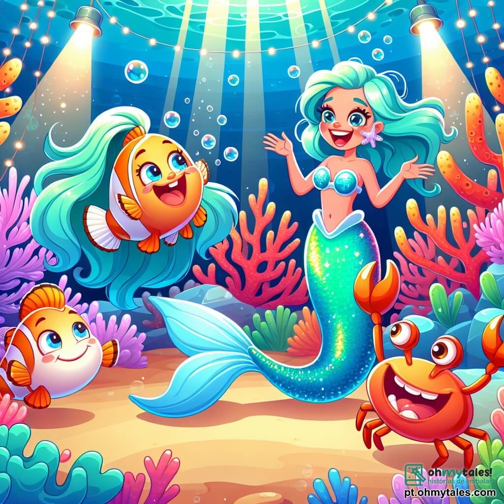 No centro da imagem, uma sereia chamada Lili, com longos cabelos ondulados de cor turquesa e uma cauda cintilante com reflexos prateados, sorri alegremente. Seus olhos brilhantes expressam excitação enquanto se prepara para contar uma piada aos amigos. Ao seu lado, um jovem peixe-palhaço com cores vivas, listras laranja e brancas, faz caretas engraçadas para fazer Lili rir. Um pouco mais longe, um caranguejo chamado Crabby, com uma carapaça vermelha brilhante e as garras levantadas, se prepara para contar sua própria piada, exibindo um grande sorriso. A cena ocorre na Floresta das Algas Falantes, um lugar mágico subaquático, cheio de corais multicoloridos, bolhas flutuantes e algas dançantes que parecem sorrir. Raios de luz filtram através da água, criando uma atmosfera alegre e iluminada. A situação principal mostra Lili e seus amigos reunidos em torno de uma rocha em forma de palco, rindo e aplaudindo, enquanto se preparam para compartilhar suas melhores piadas em um concurso de humor subaquático.